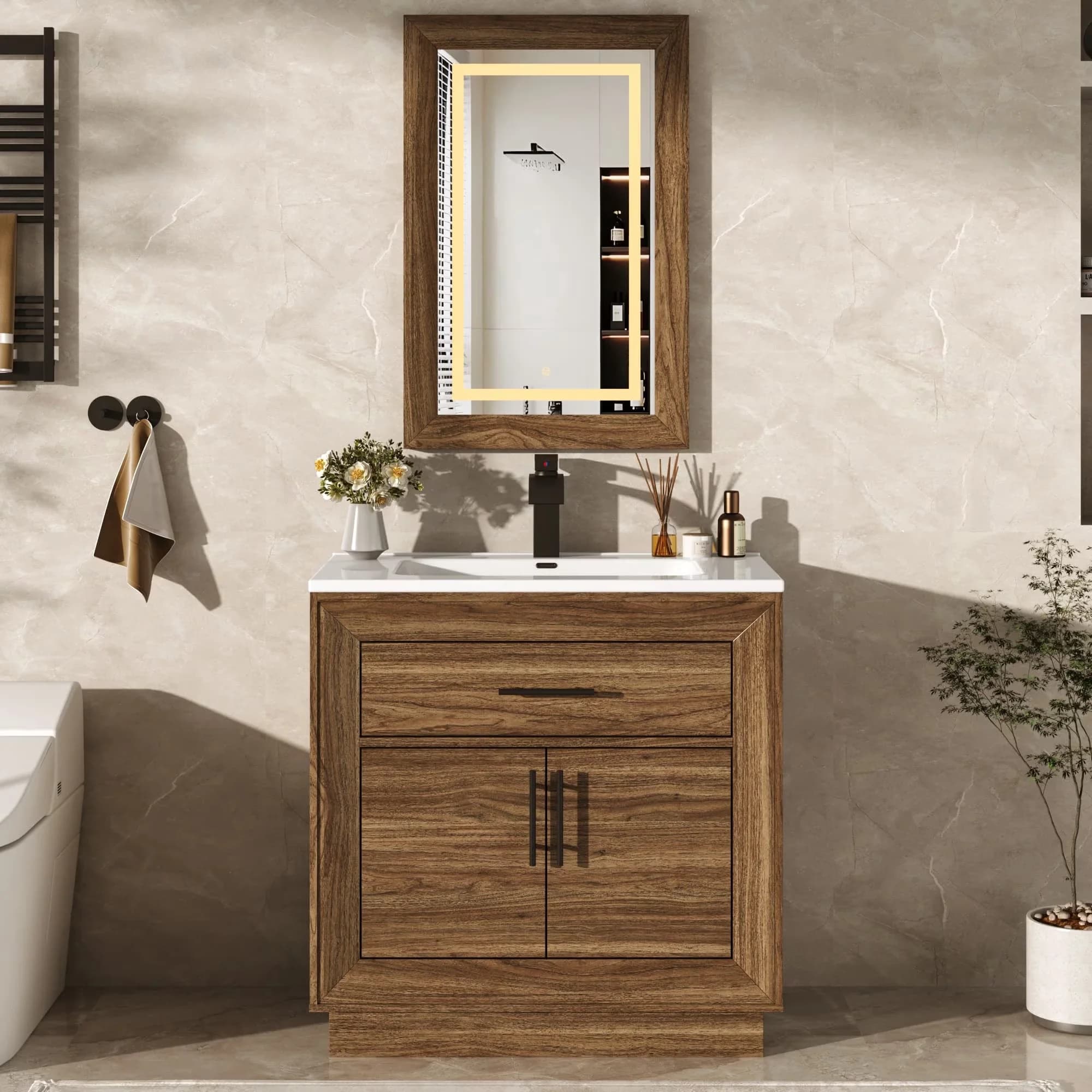 Quality Bathroom Renovation with LED, 30" Modern Vanity Set, Single Sink Cabinet for Small - Model DBEB39