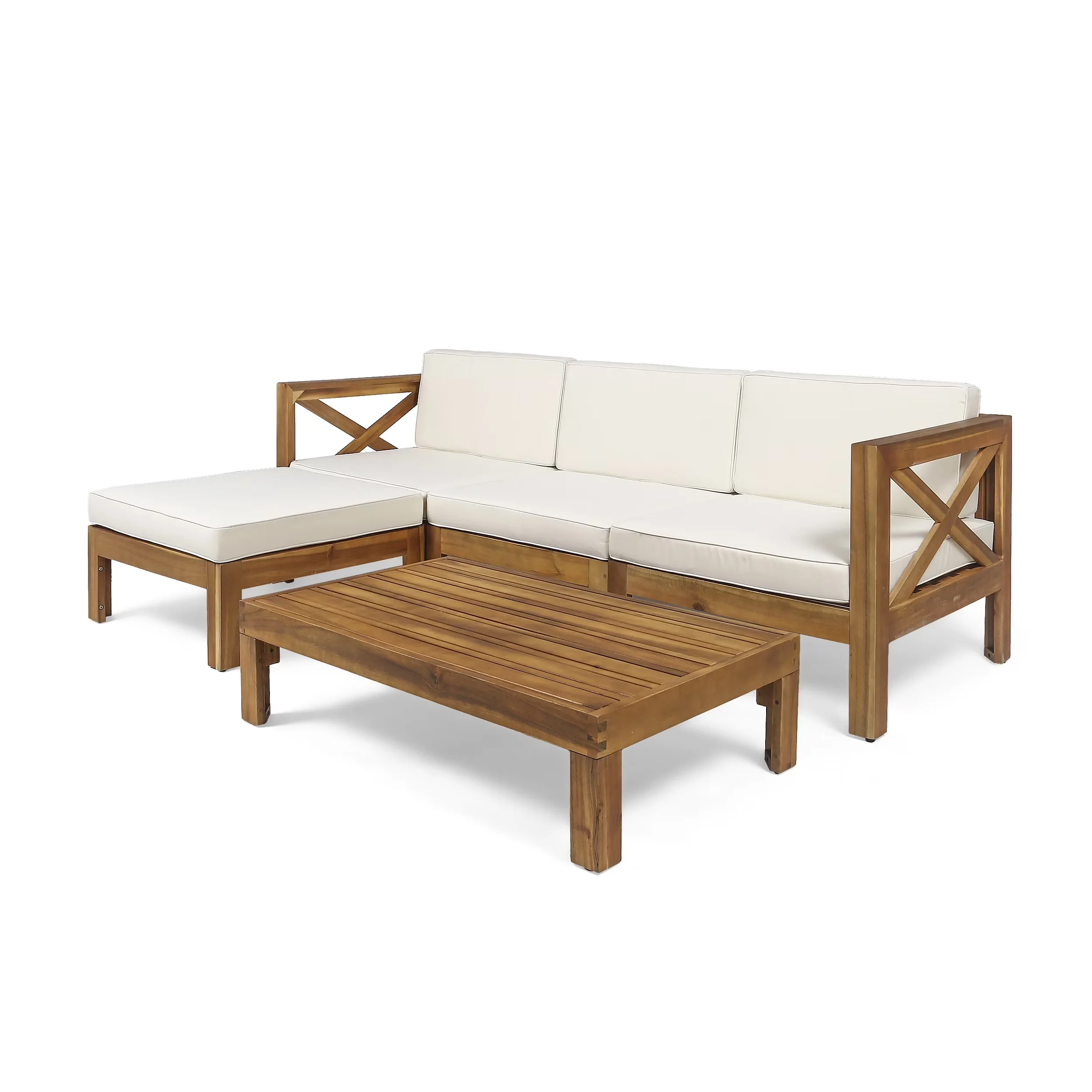 Compact Outdoor Sofas Sectional with L Shaped Sofa Set, Acacia Wood Frame Combined Couch - Acacia Wood Beige for Patio, Garden Model 2B3347
