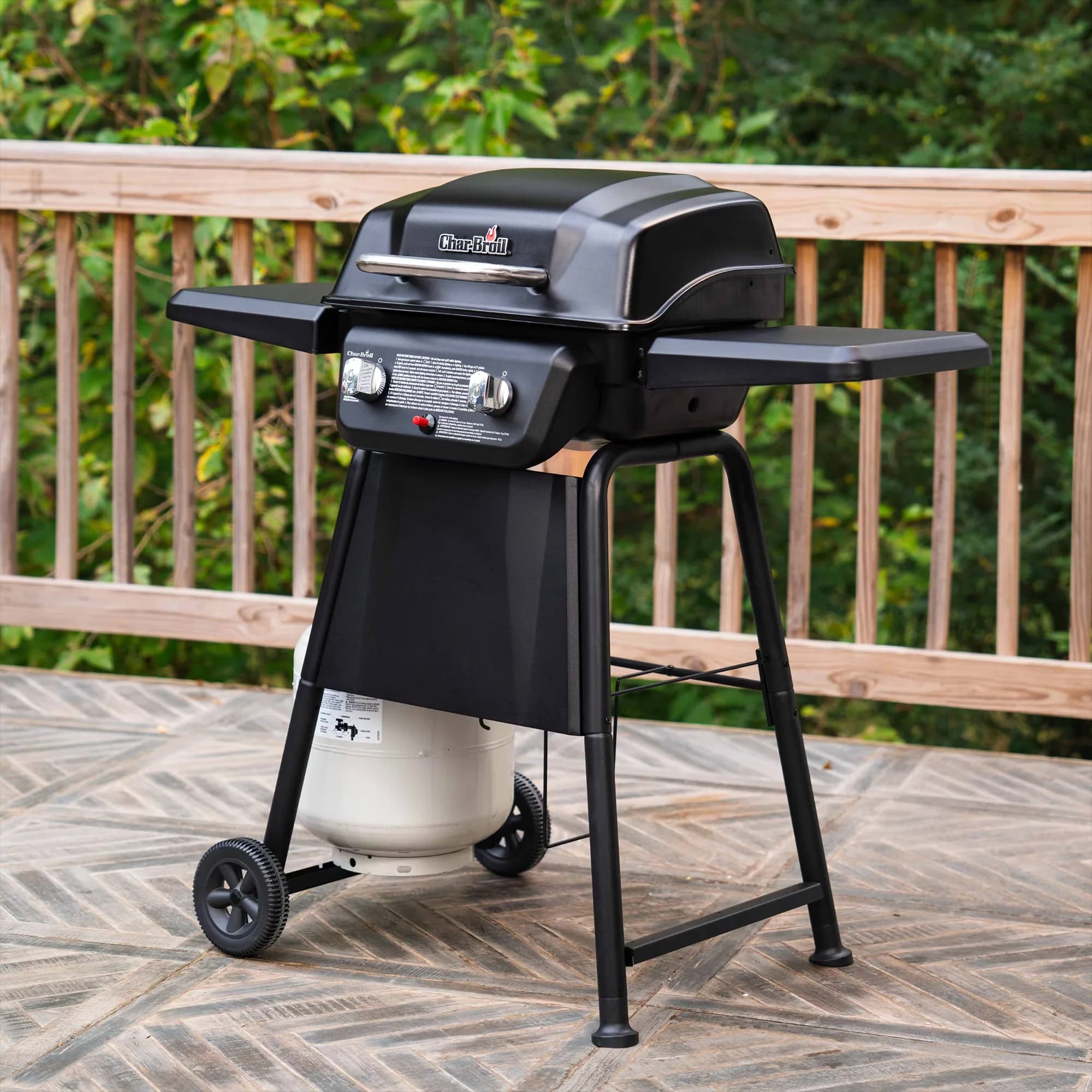 Compact Gas Grill with Portable, Storage Rack - Black Heavy-Duty Steel Model F825FE