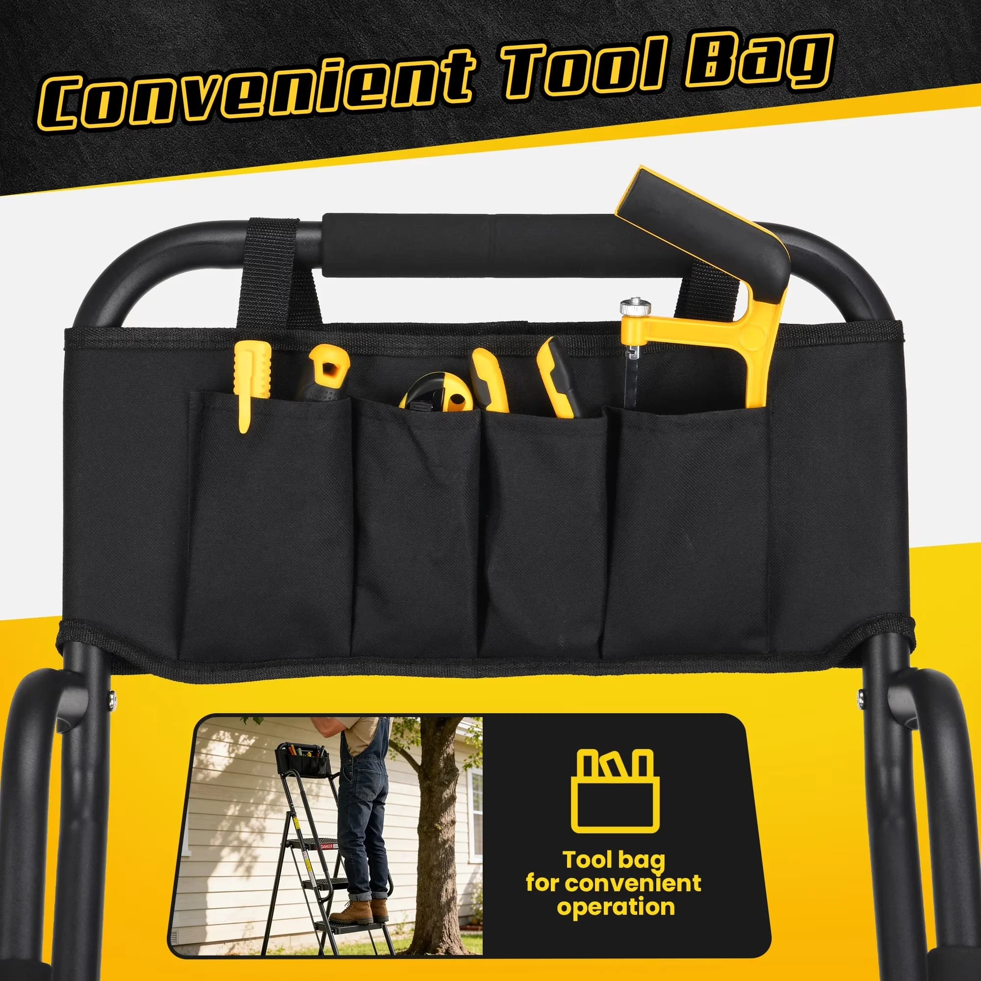 Compact Building Material with Stable Steel Step Stool, Tool Bag & Anti-Slip Pedals - Metal Black for Home Model D29986