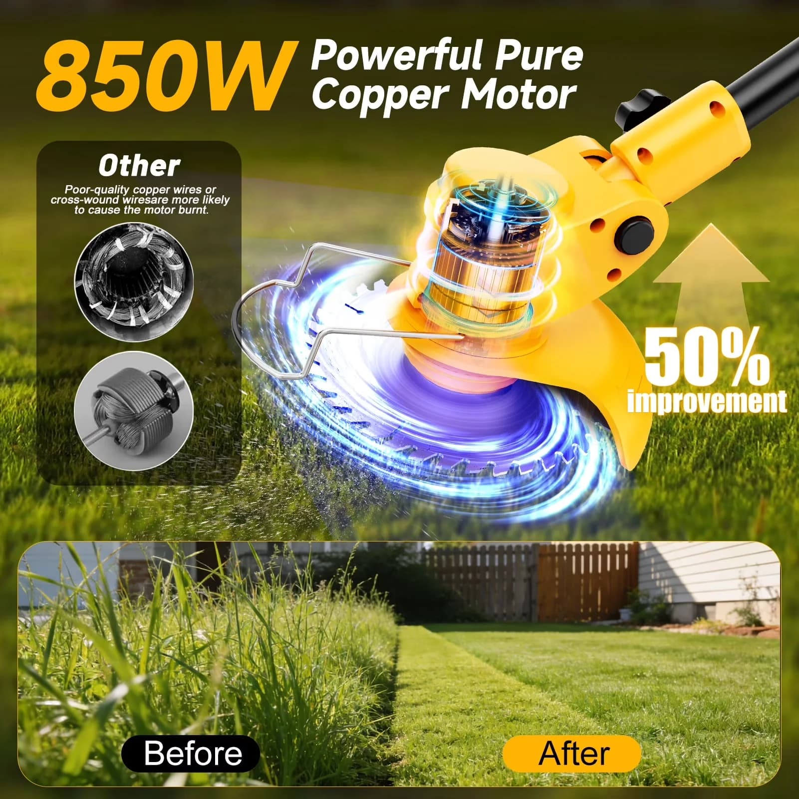Professional String Trimmer with Battery, 21V, Extendable - Yellow-E for Garden Model 4050A5