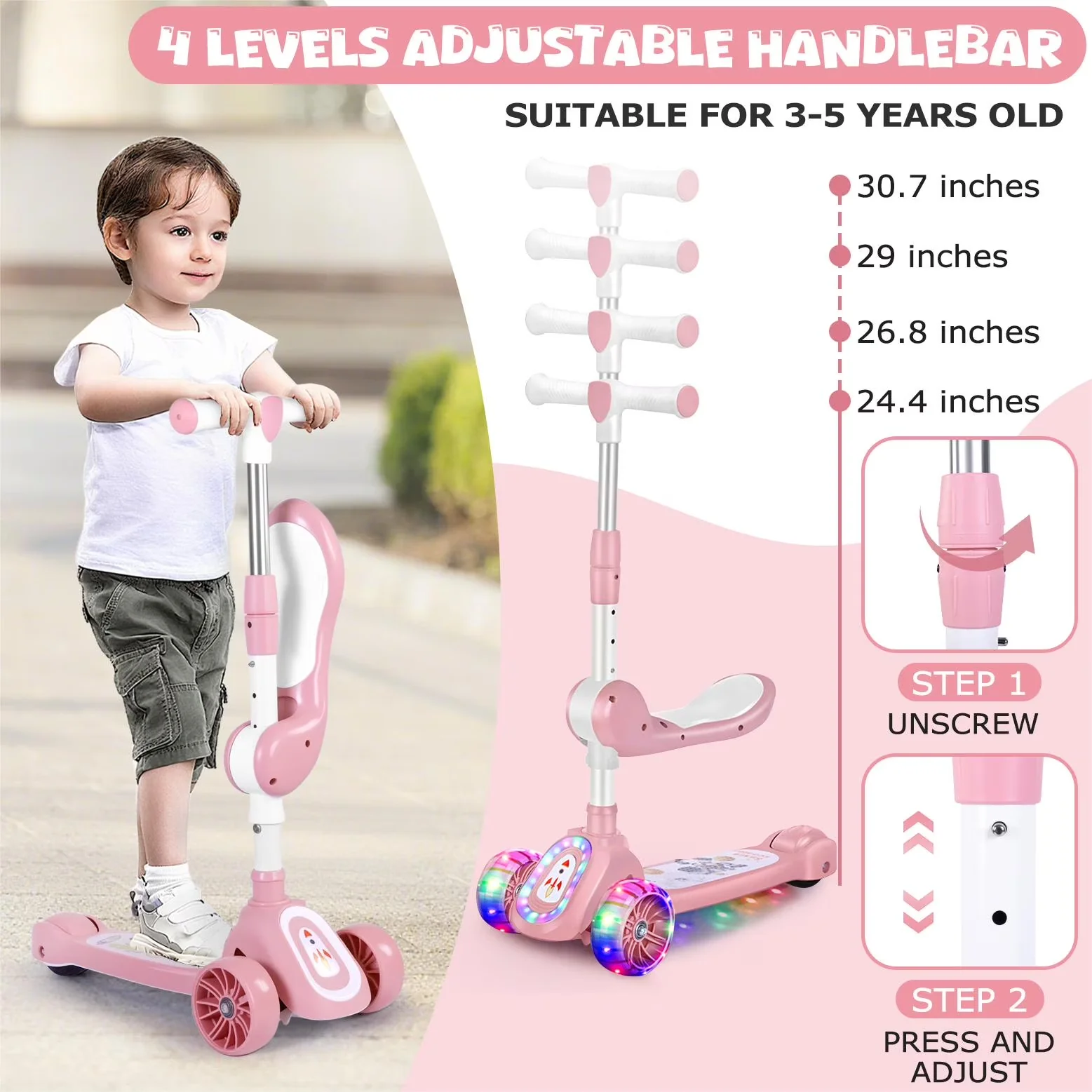 Scooter Innovative with LED, Foldable, Kids - Plastic - Residential Grade Model 3B05CF