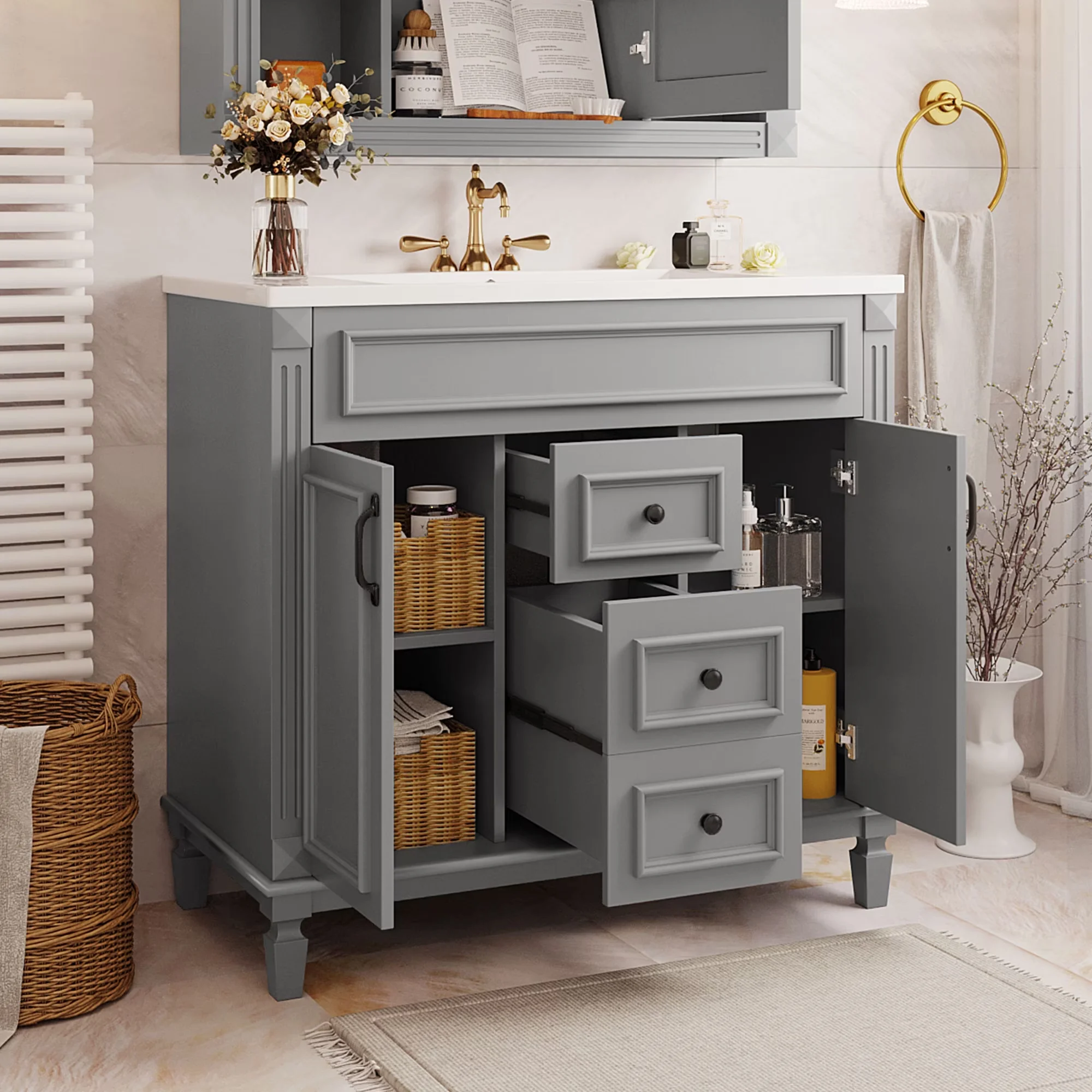 Sleek Bathroom Renovation with 2 Soft Closing Doors and 2 Drawers, Overall Product:35.9"L x 18.1"W x 34"H - Model DC9A96