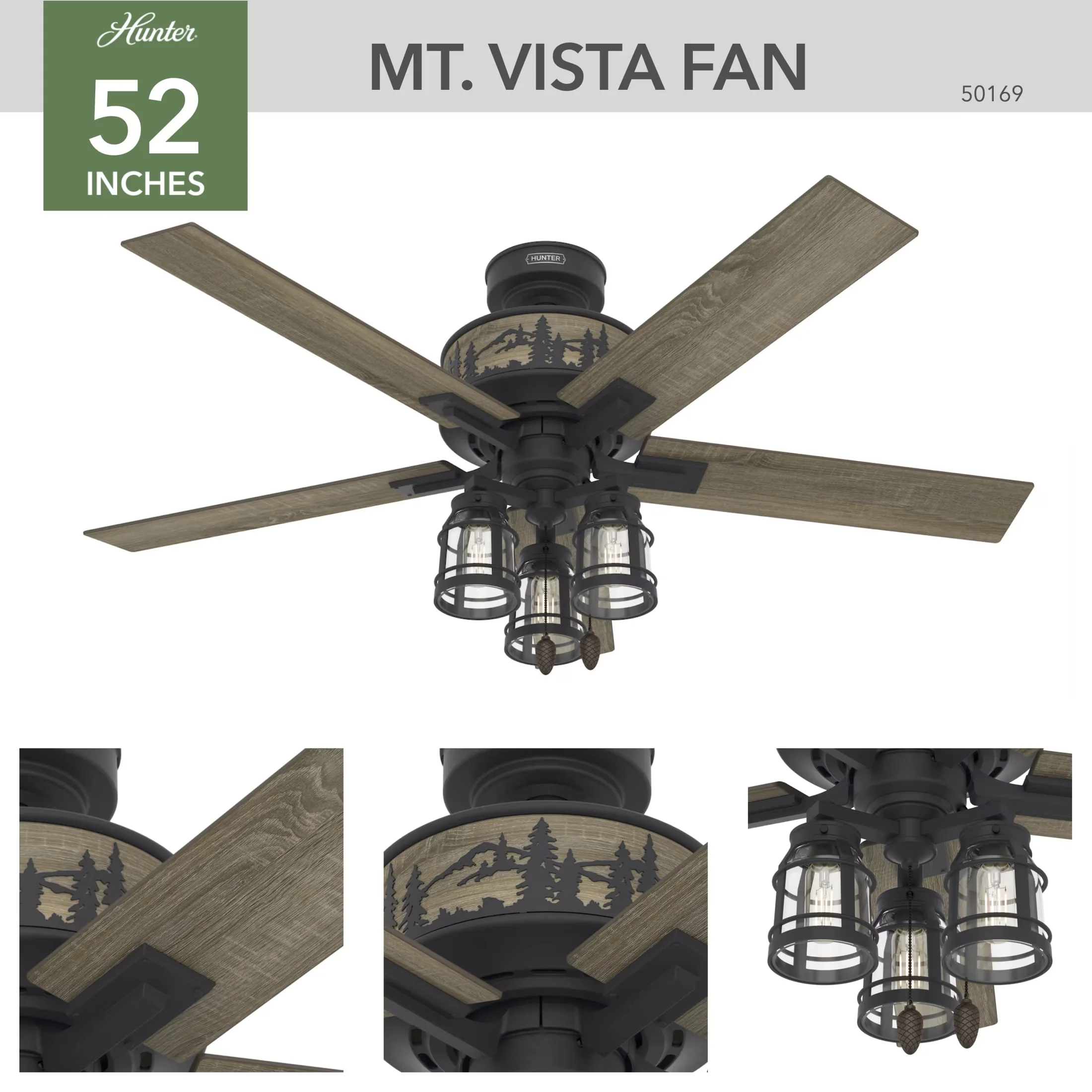 Ceiling Fan Efficient with LED, Reverse Airflow, Traditional - Glass Black for Living Room, Bedroom Model EA9649
