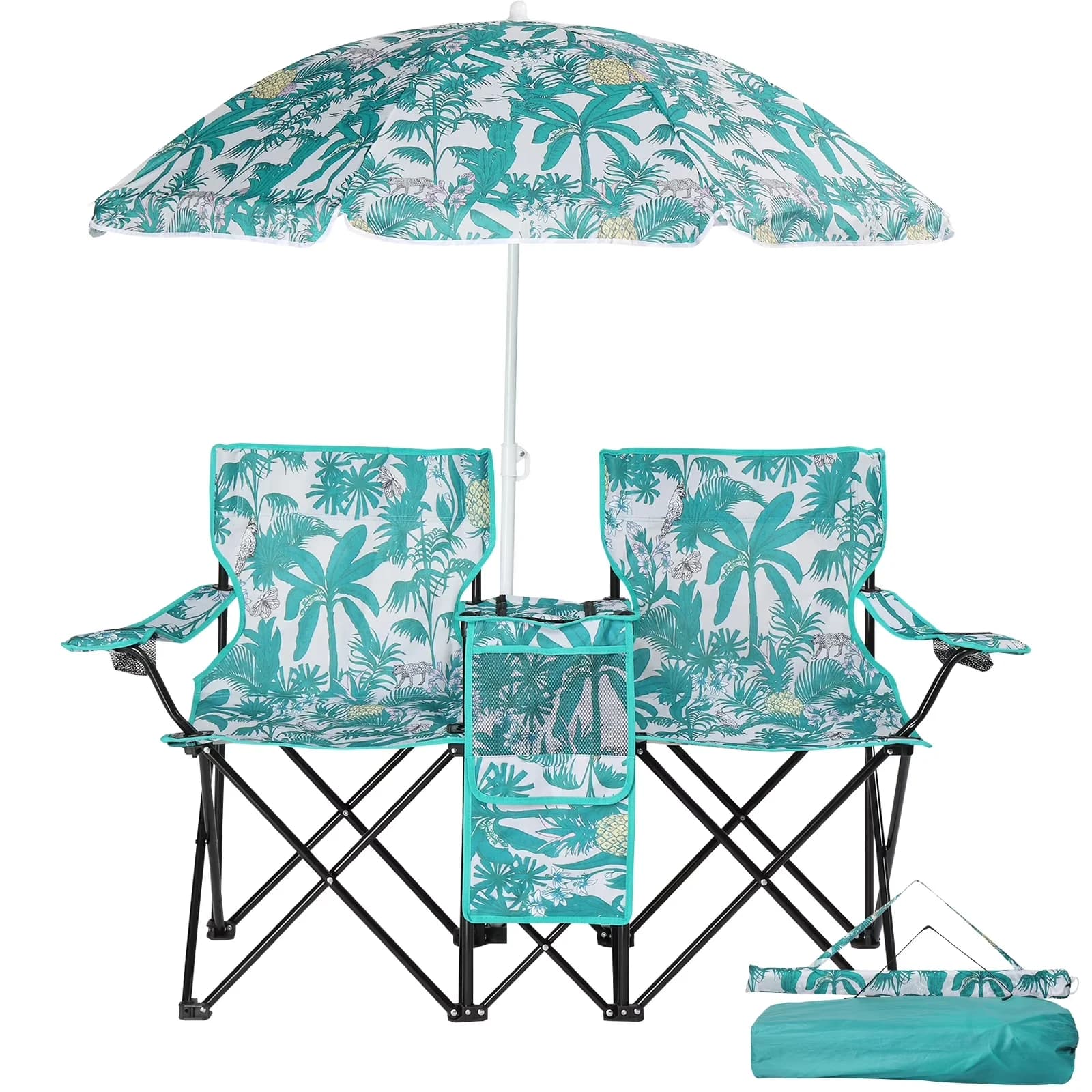 Beach Chair Durable with Folding, 2 Person, Cooler Table - Pineapple for Patio Model 2EF12A
