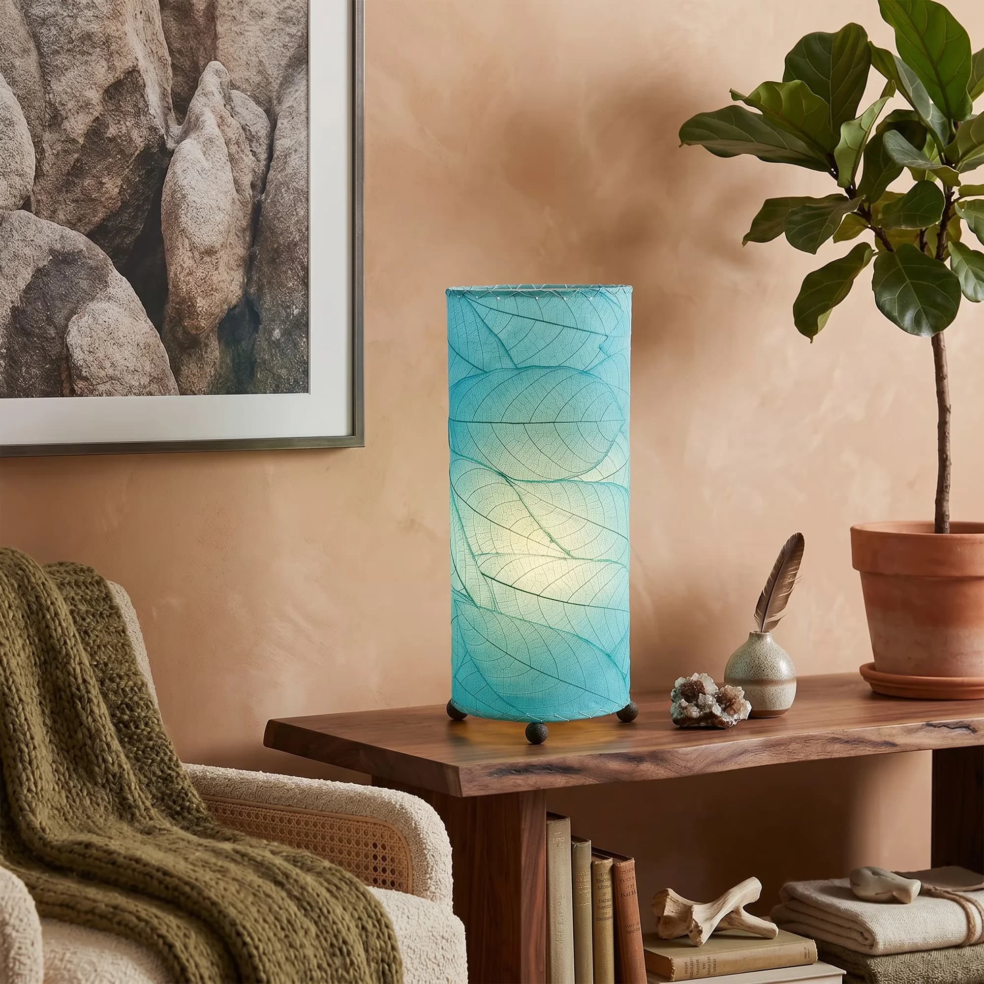 Versatile Lamp Set with LED, Contemporary, Shade Made Of Cocoa Leaves - Blue Metal Model B4A768