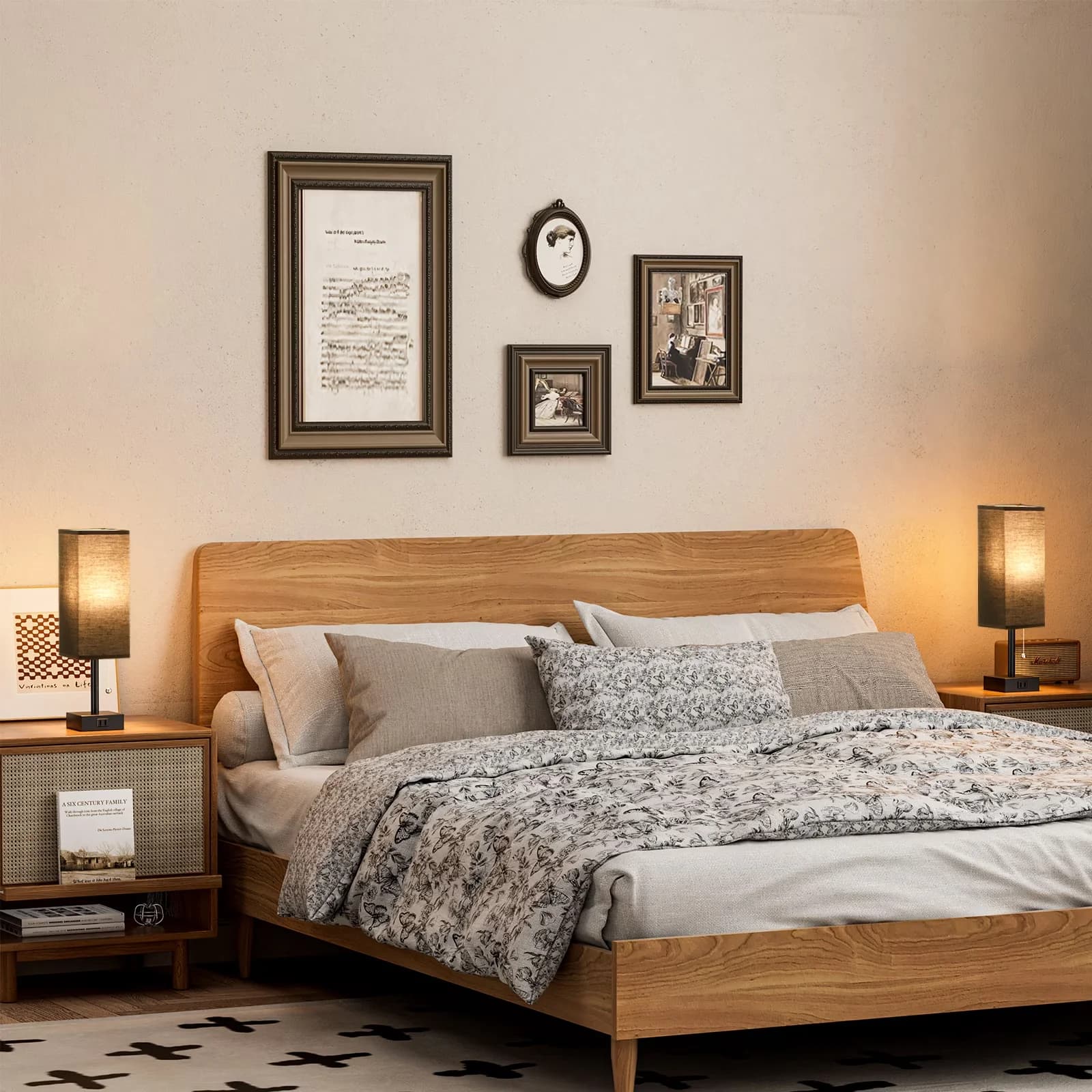 Quality Lamp Set with LED, Modern, Power Outlet - Metal Black Bedside - Heavy Duty Model B6E30F