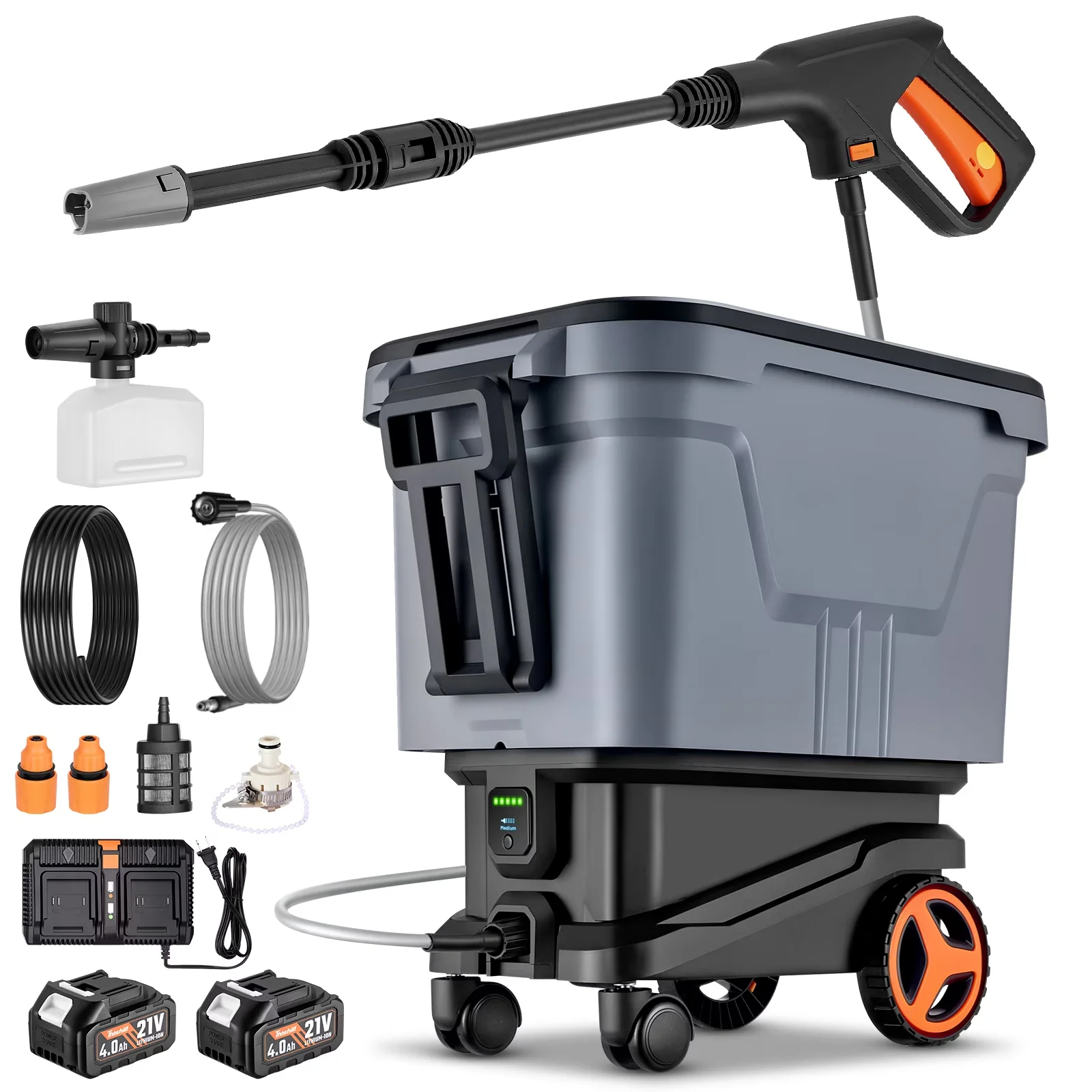 Efficient Pressure Washer with Battery, Translucent Fuel Tank, 2 lithium batteries + charger for Car, Patio - Model 73482A