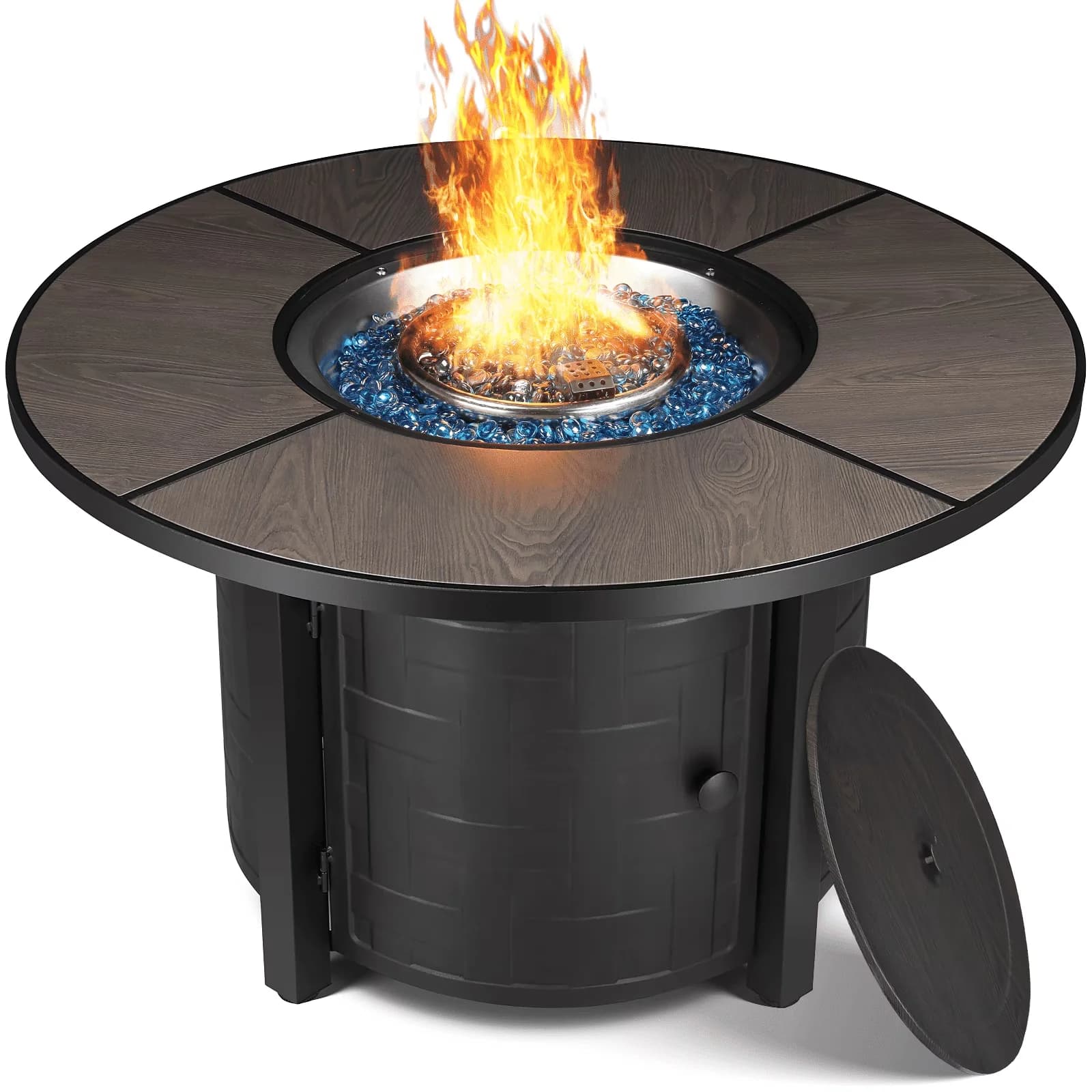 Essential Outdoor Heating with 50000 BTU, Automatic Shutoff - Black Iron, Stainless Steel, Blue Glass Rocks Model 65E4B6