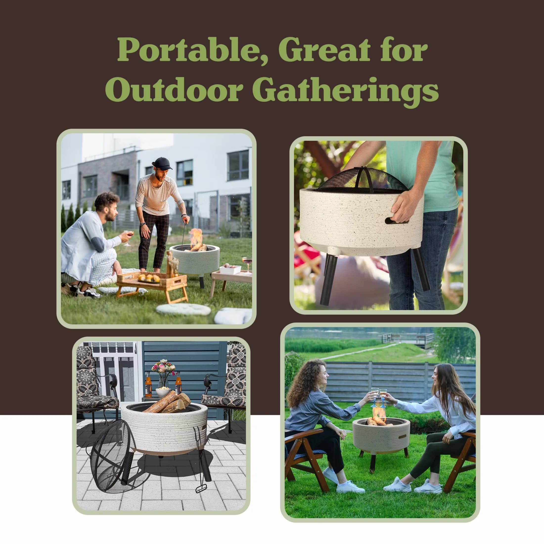 Efficient Outdoor Heating with Weatherproof, 21” Round Fire Pit, COLOR - Light Gray. - Magnesium Oxide Fire Pit +Mesh Screen Cover+... Model 310653