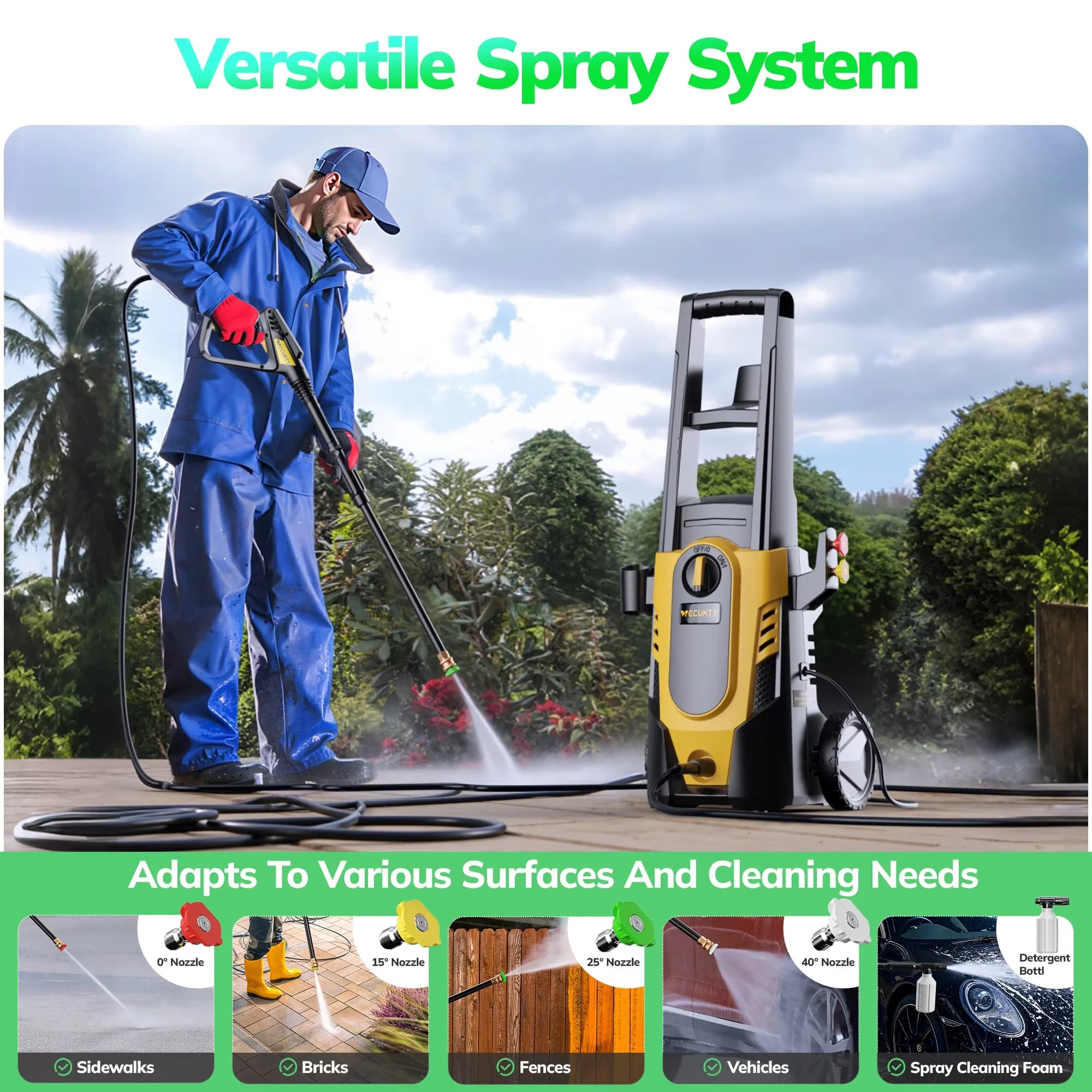 Durable Pressure Washer with Quick Connect Tips, 20FT Hose, 4 Quick Nozzles - Model AD19BF