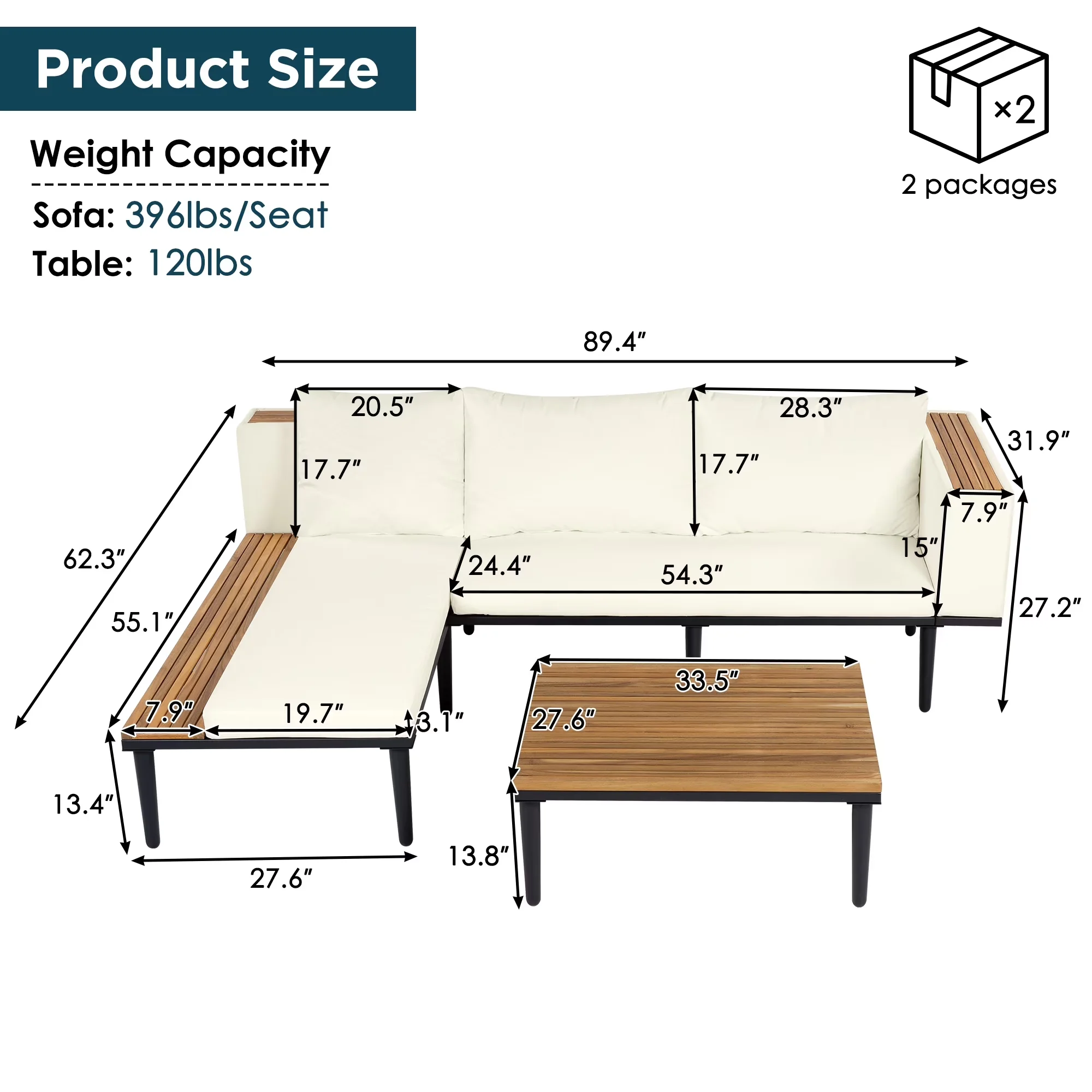 Professional Outdoor Sofas Sectional with Weatherproof, Side table - Wood Beige Model B9D441