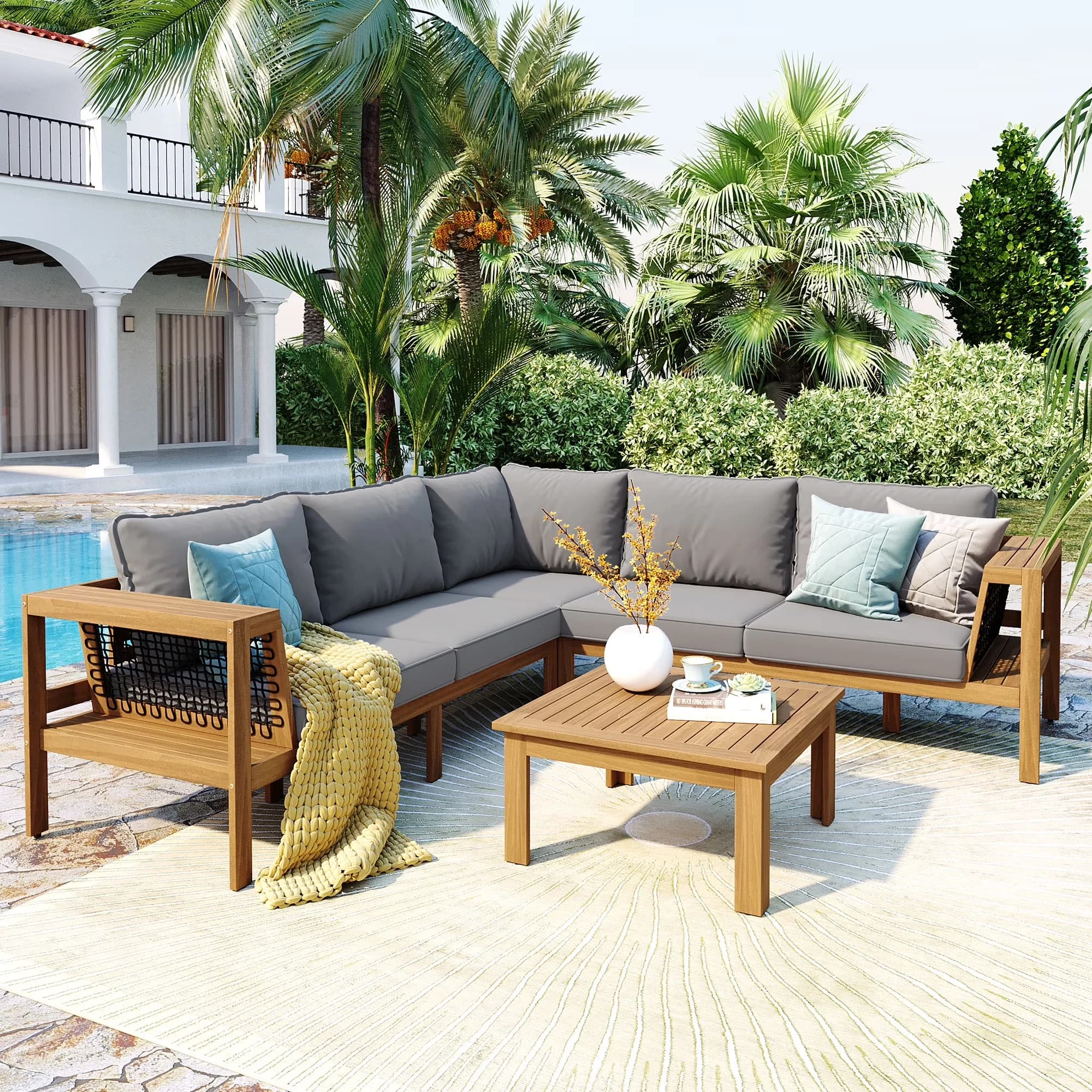 Essential Outdoor Sofas Sectional with Stain Resistant, Side Table, and Gray Cushions - Gray Acacia Wood Model 97B217