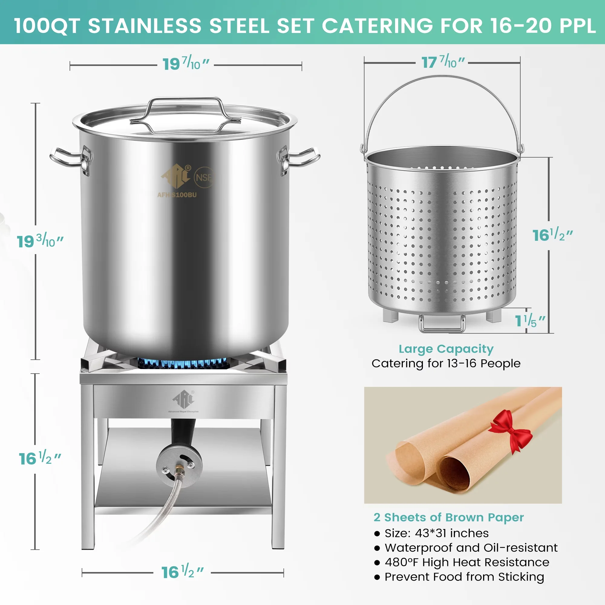Outdoor Fryer Stylish with 200000 BTU, w/Basket, 100QT Stainless Steel Seafood Boil Pot - Stainless Steel Silver for Outdoor, Large Model 66124B