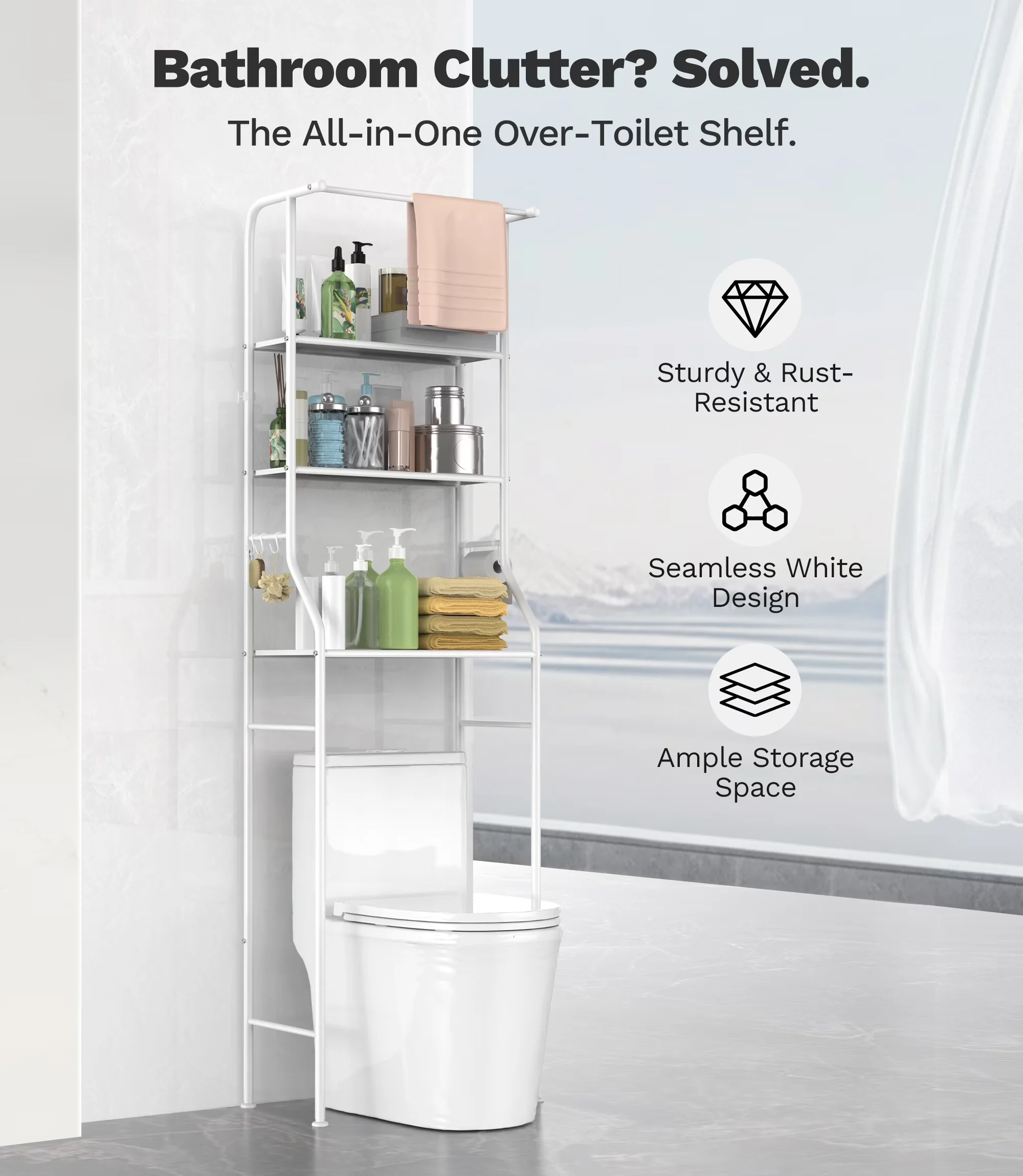 Durable Bathroom Renovation with Expandable, Over the Toilet Storage Rack - Steel White Model 3816DA
