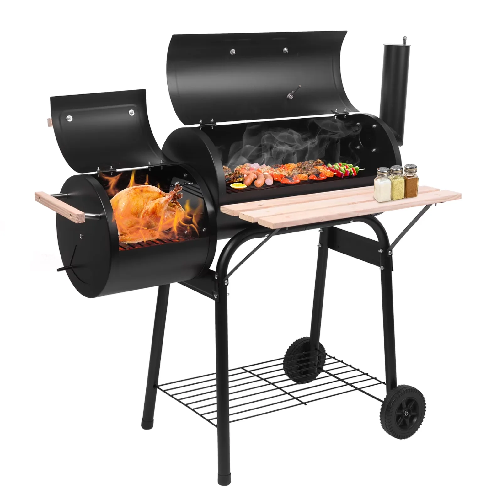 Durable Smoker with Thermometer, Charcoal Basket, BBQ Charcoal Grill Outdoor Barbecue Pit - Steel Model A341C2
