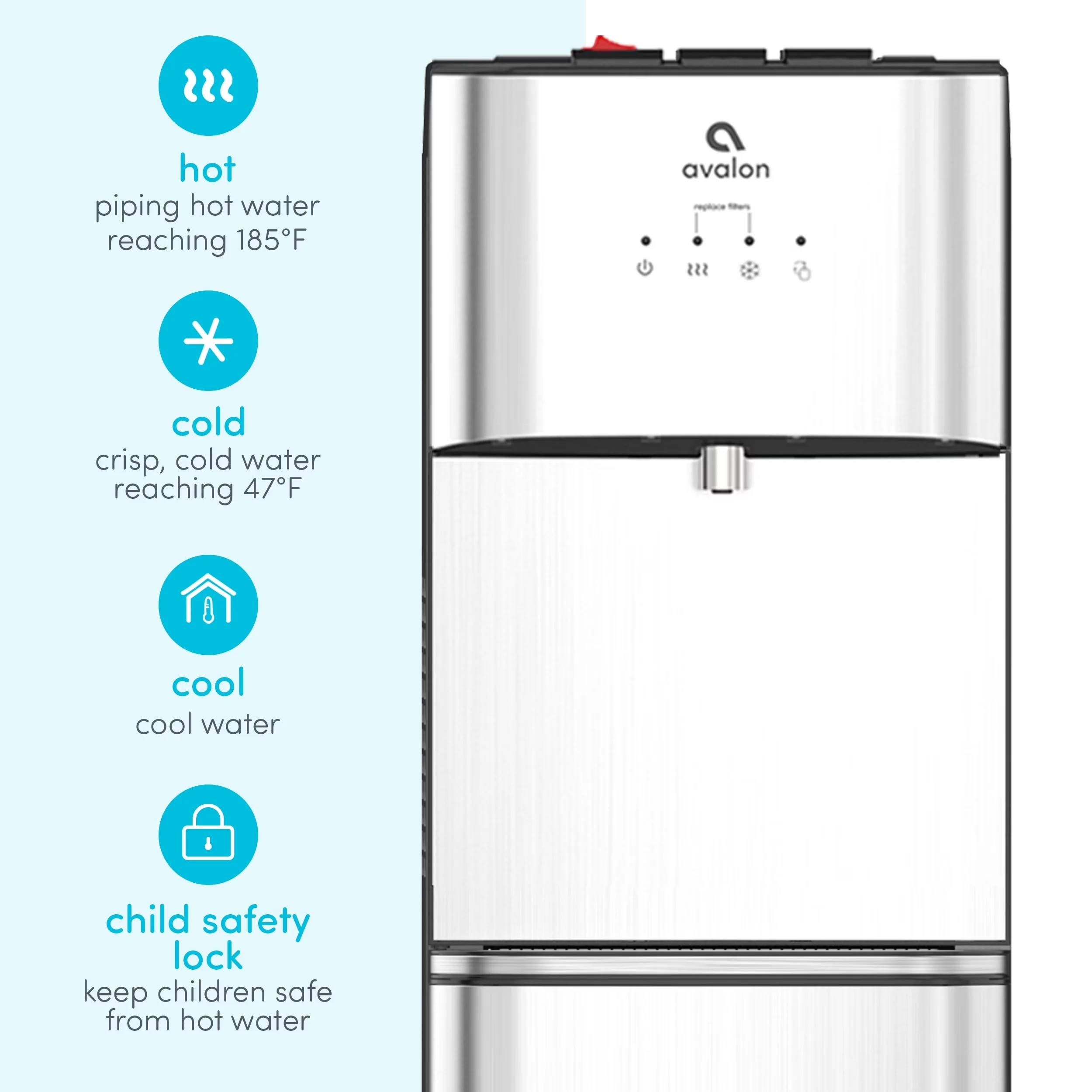 Efficient Water Filtration with Temperature Control, Child Safely Lock, 3 Gallon Capacity - Stainless Steel Model 90749E