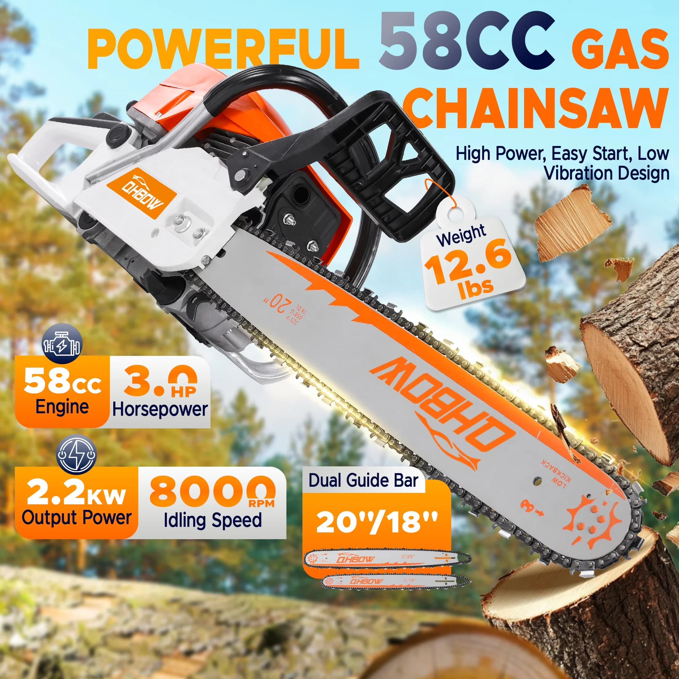 Sleek Chainsaw with Automatic Chain Oiler, 58CC 2-Stroke Gas Chain Saw - Orange for Home Model DEF985