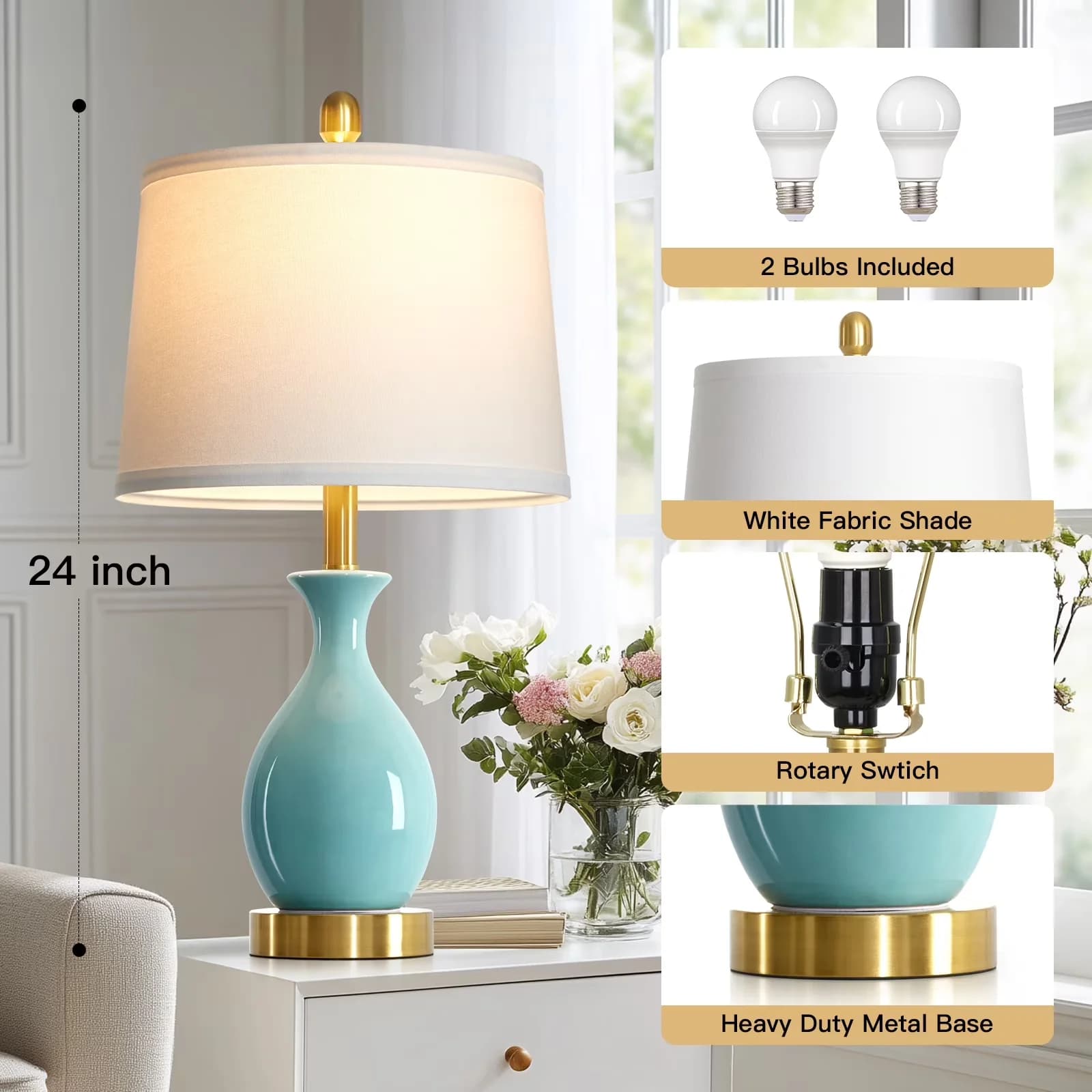 Classic Lamp Set with LED, Eco Friendly, Energy Efficient - Green Ceramic for Living Room, Bedroom Model D15AB8