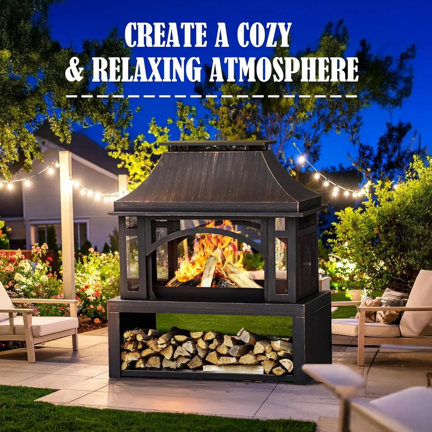Essential Outdoor Heating with 39" Fire Pits, Wood Storage - Steel Antique Model 022A19