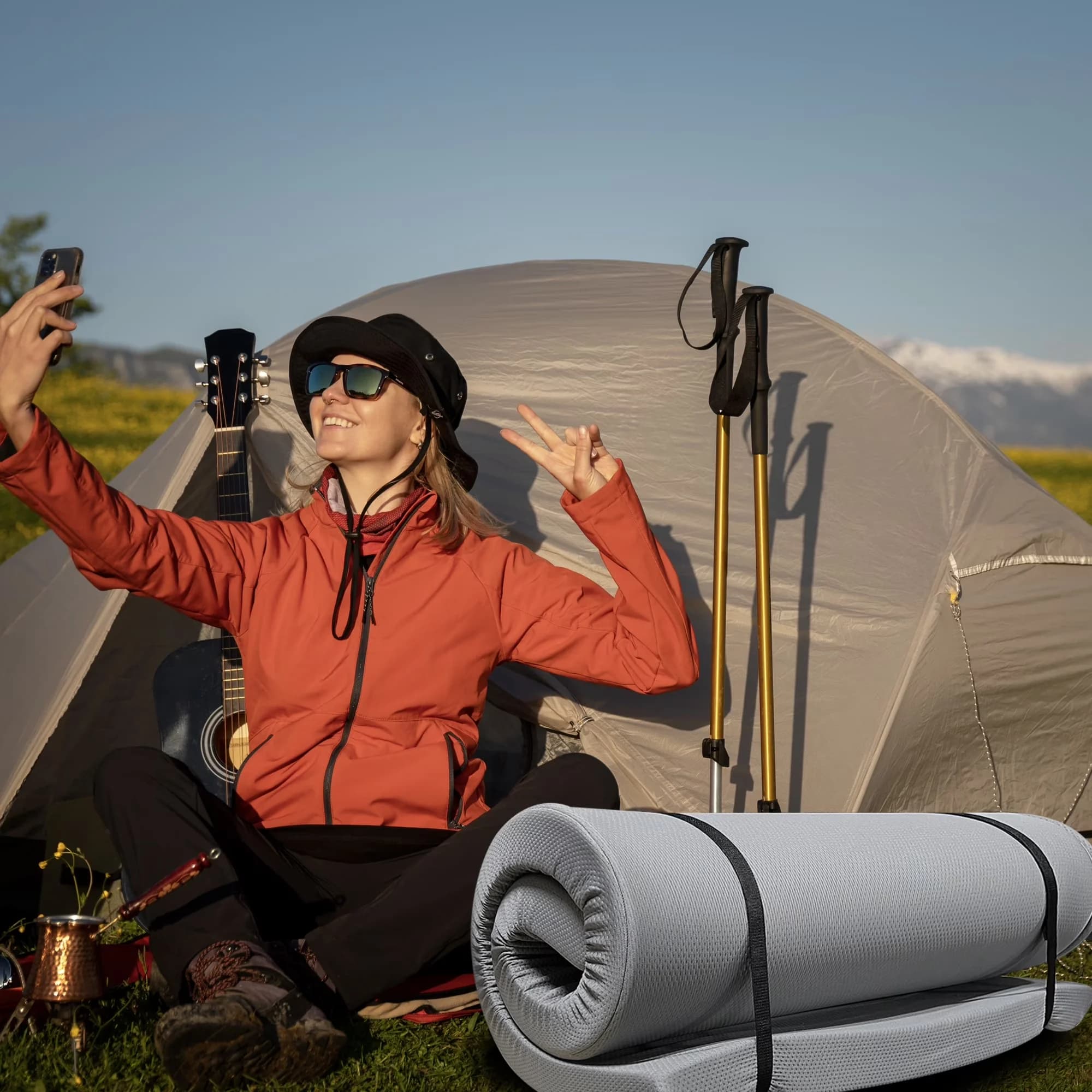 Stylish Mattresses Accessory with Waterproof, Memory Foam Camping Mattress Pad - Gray Polyester for Rv, Car Model 6D74A4