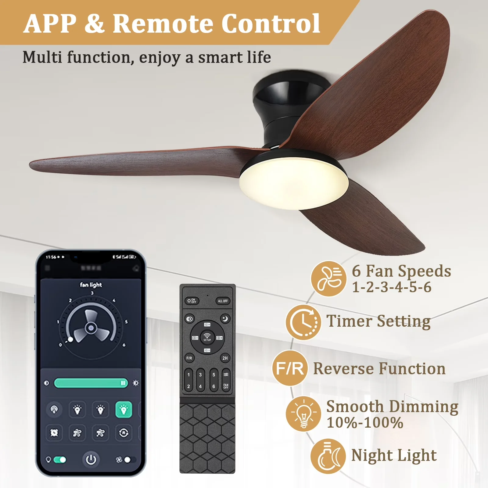 Ceiling Fan Classic with LED, Remote Controlled, Modern - Acrylic Brown for Bedroom, Indoor Model AF216A