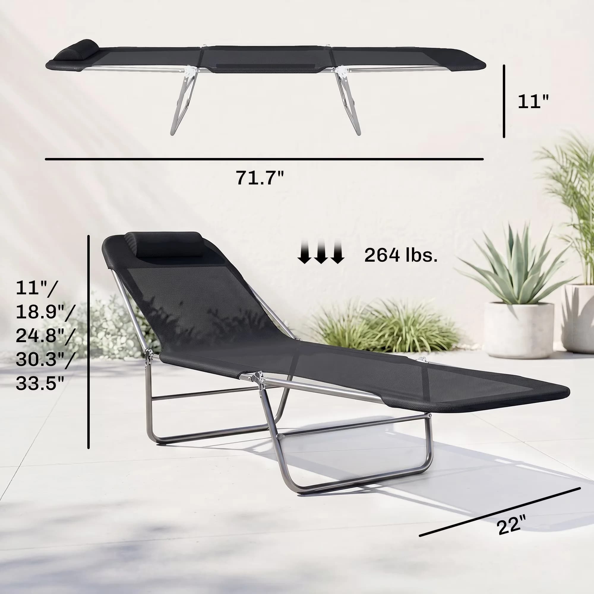 Beach Chair Compact with Pillow, Steel Frame & Breathable Mesh, Folding Chaise Lounge Pool Chairs - Model 95C1A0