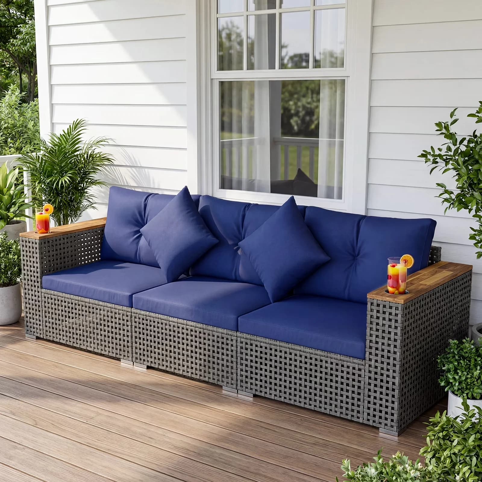 Compact Outdoor Sofas Sectional with Removable Cushion Cover, 3 Piece Couch Set, Patio Wicker Furniture Set - Pe Rattan, Metal,... Model 2D980D