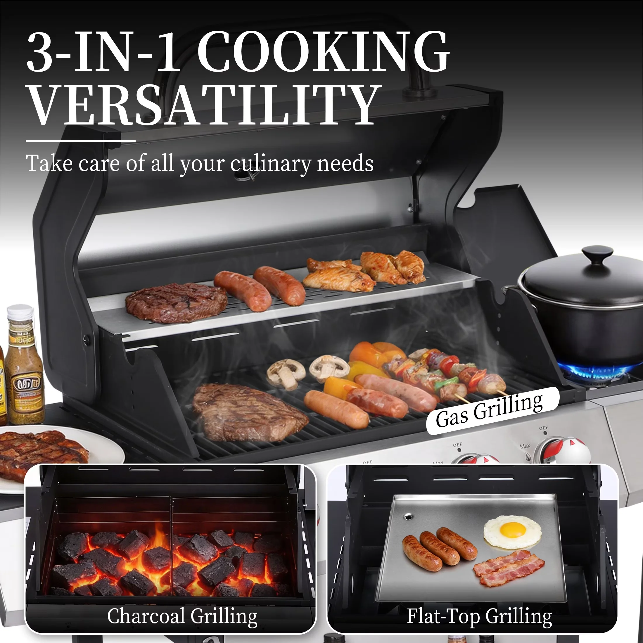 Gas Grill Durable with Heat Thermometer, Tool Holder, Grease Pan - Stainless Steel, Powder-Coated Steel, Porcelain-Enameled Cast Iron... Model 8C44A6