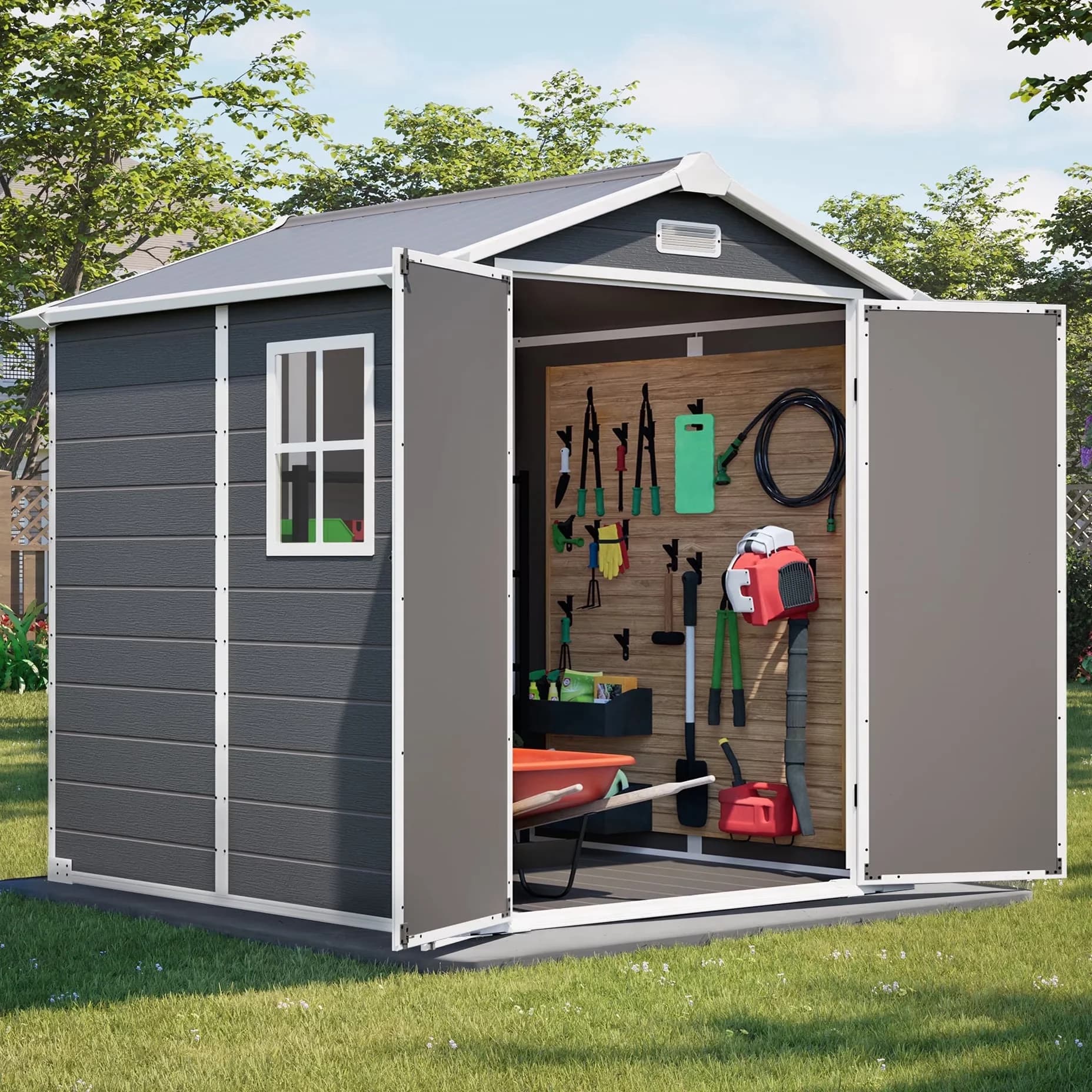 Durable Shed with Waterproof, Lockable Door, Impact-Resistant - Resin Gray for Garden Model 23AAFB