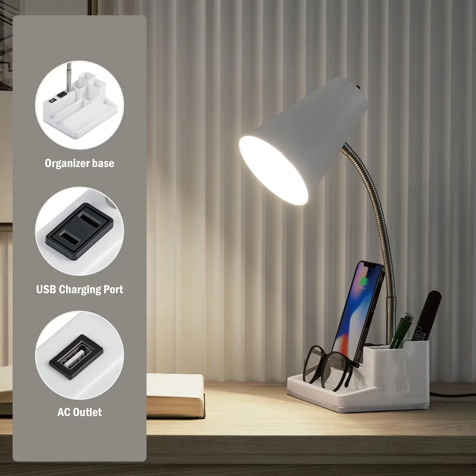 Desk Lamp Versatile with LED, Adjustable Head, 15-inch Adjustable - White Plastic Model 7B4FD5