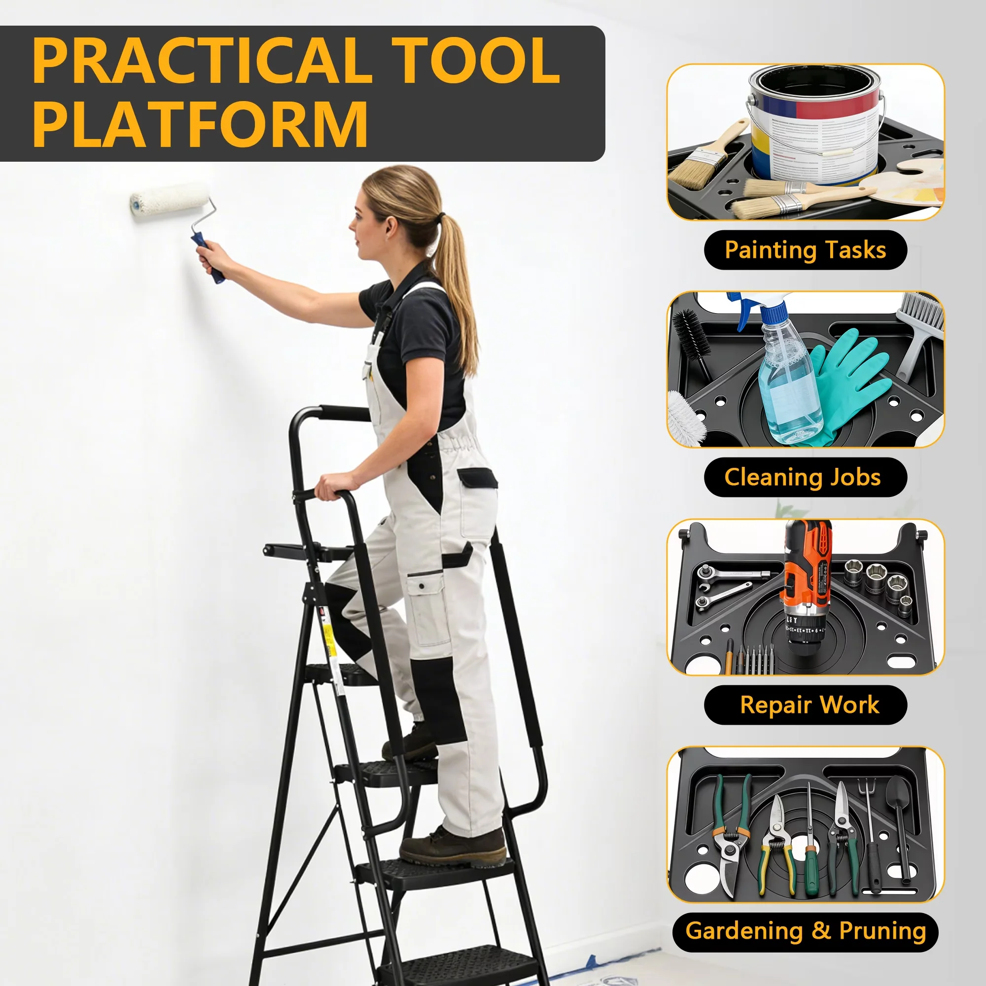 Premium Ladders And Step Stool with Lock-On Button, Safety Lock - Metal Black Model 7CEDB2