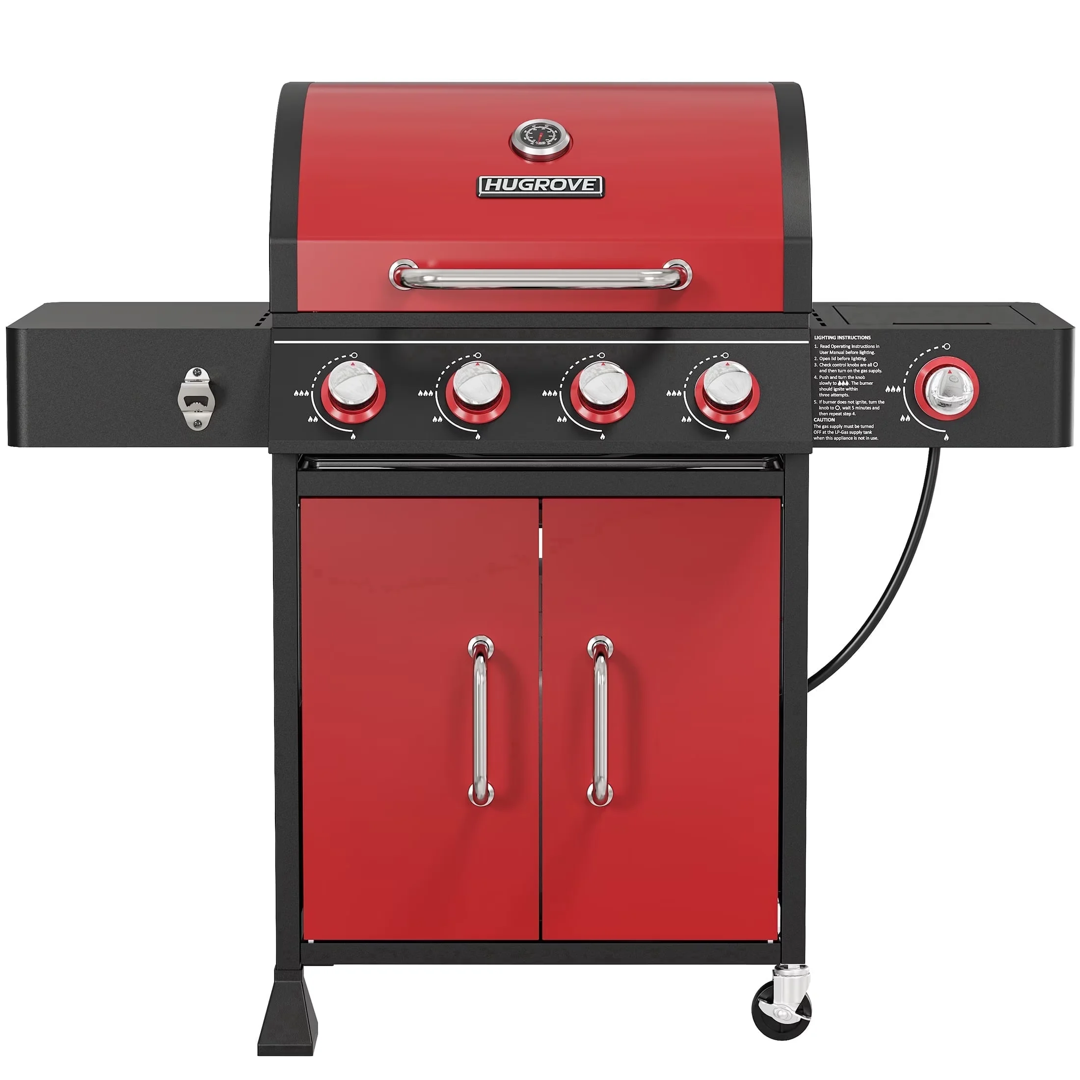 Durable Gas Grill with 51000 BTU, Rust Resistant, Enclosed Cabinet - Red Porcelain-Coated Steel, Cast Iron, Stainless Steel Model C04D39
