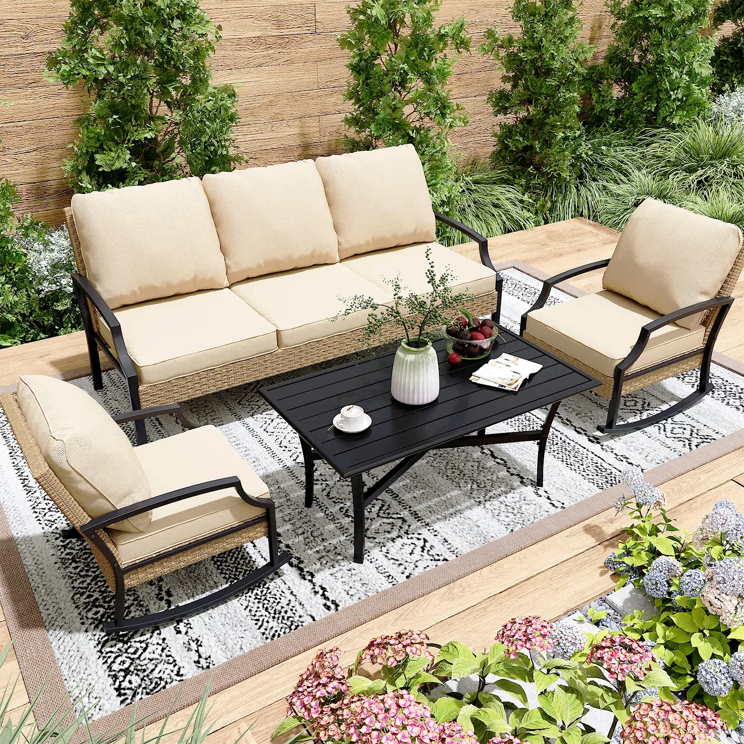 Classic Patio Conversation Set with Weatherproof, Three Seat Sofa: 74"x29"x32.3”, Furniture Sets On Sale - Rattan, Metal Beige for Garden Model CD9D56