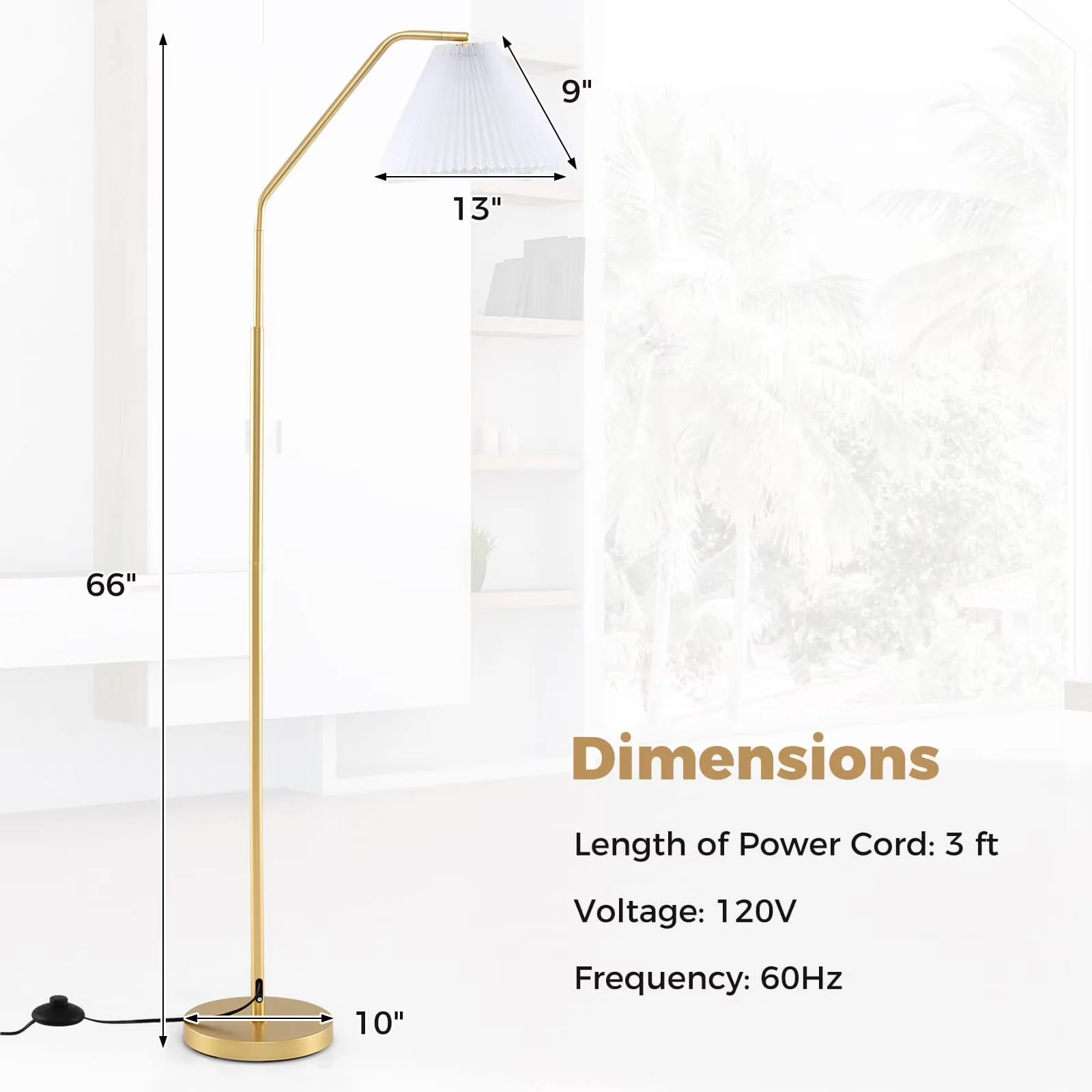 Compact Floor Lamp with Arc, Pleated Lampshade & Foot Switch, Adjustable Head - White Metal, Pvc, Polyester Fabric Model 7315E4