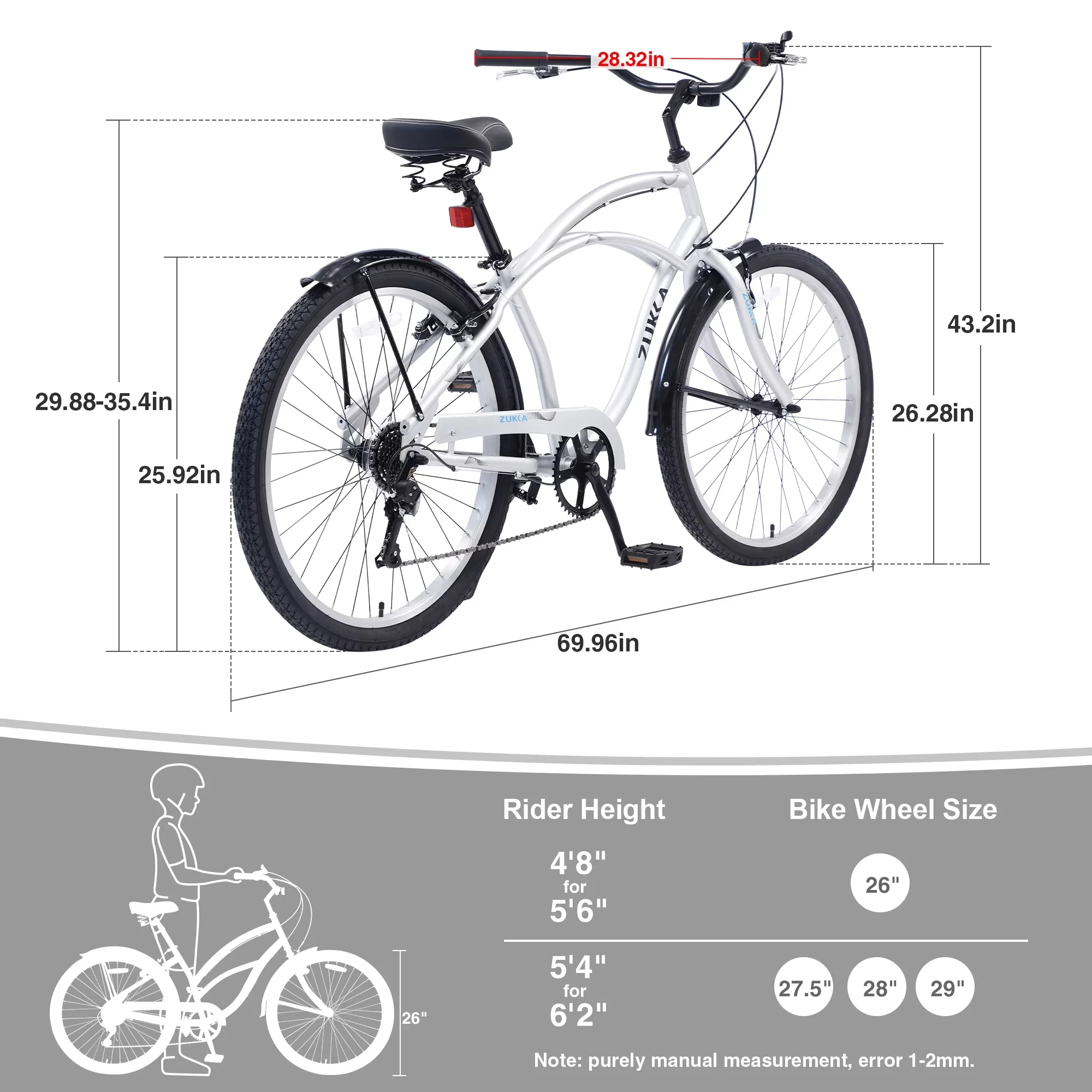 Classic Cruiser Bike with Adjustable Seat Height, 7 Speed Bicycles - Silver Model DF8136