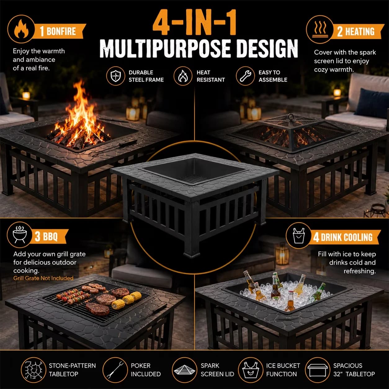 Efficient Outdoor Heating with Weatherproof, Fire Pit Table - Steel for Camping Model 28BB12