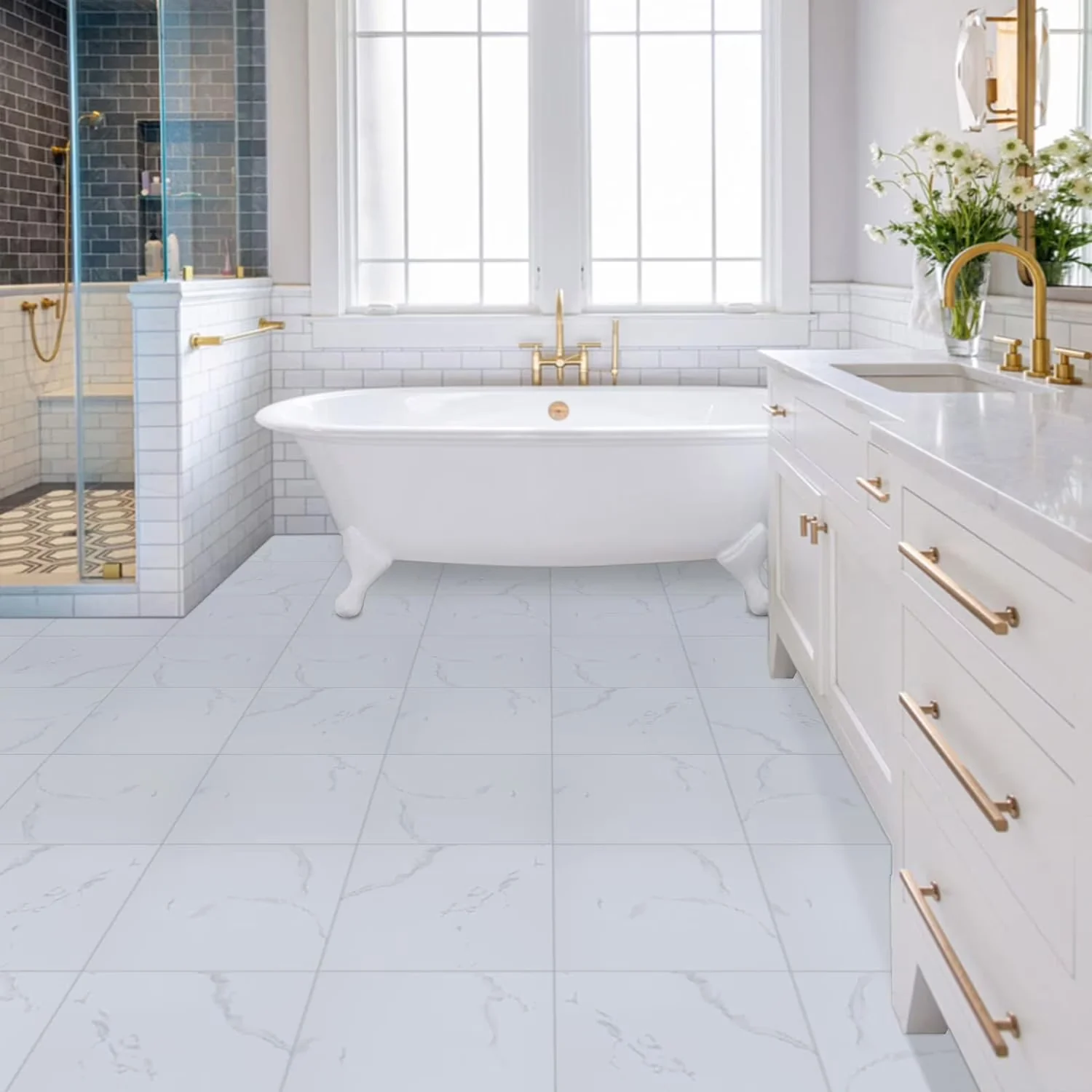 Grey Vinyl Flooring Vinyl Plank Flooring Essential with Easy Installation, Waterproof - White 12" x 12" for Living Room, Kitchen Model 528D38