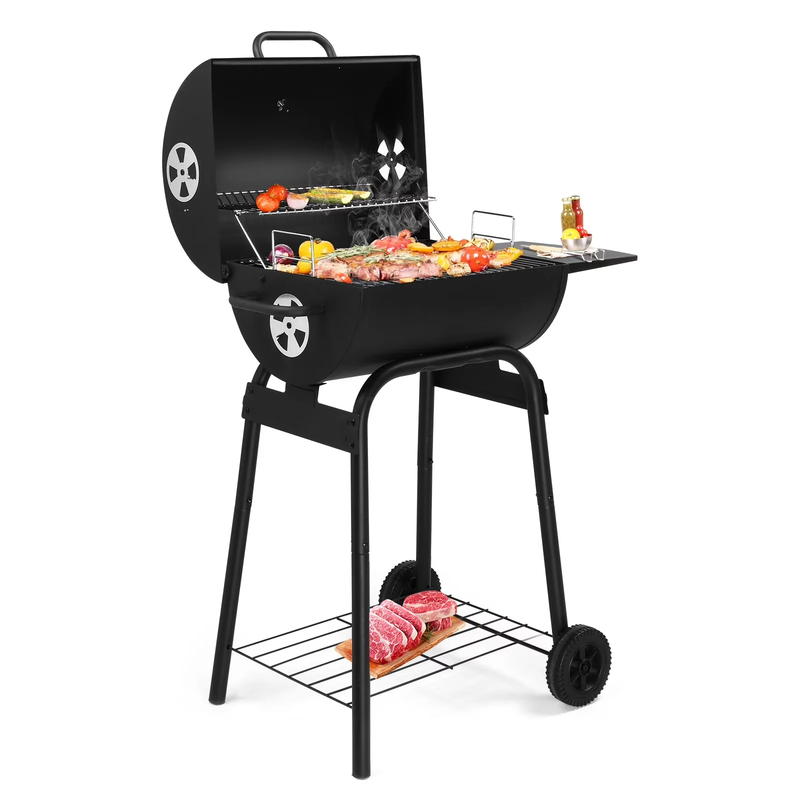 Reliable Charcoal Grill with Adjustable Air Vents, Warming Rack - Steel Black for Camping Model EB6510