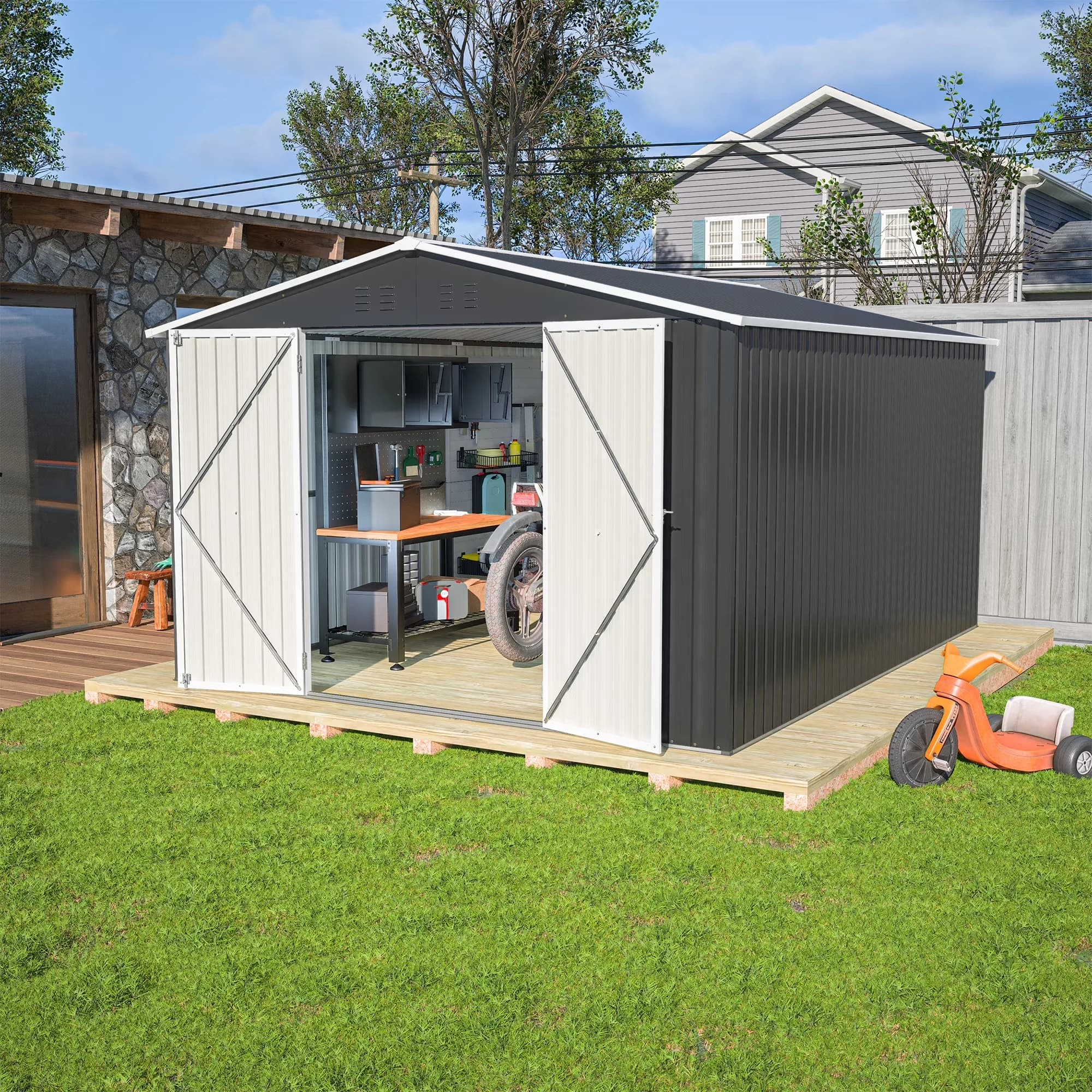 Shed Stylish with Rust Resistant, 8x8FT Outdoor Metal Storage - Metal Black for Garden, Patio Model 62F40F
