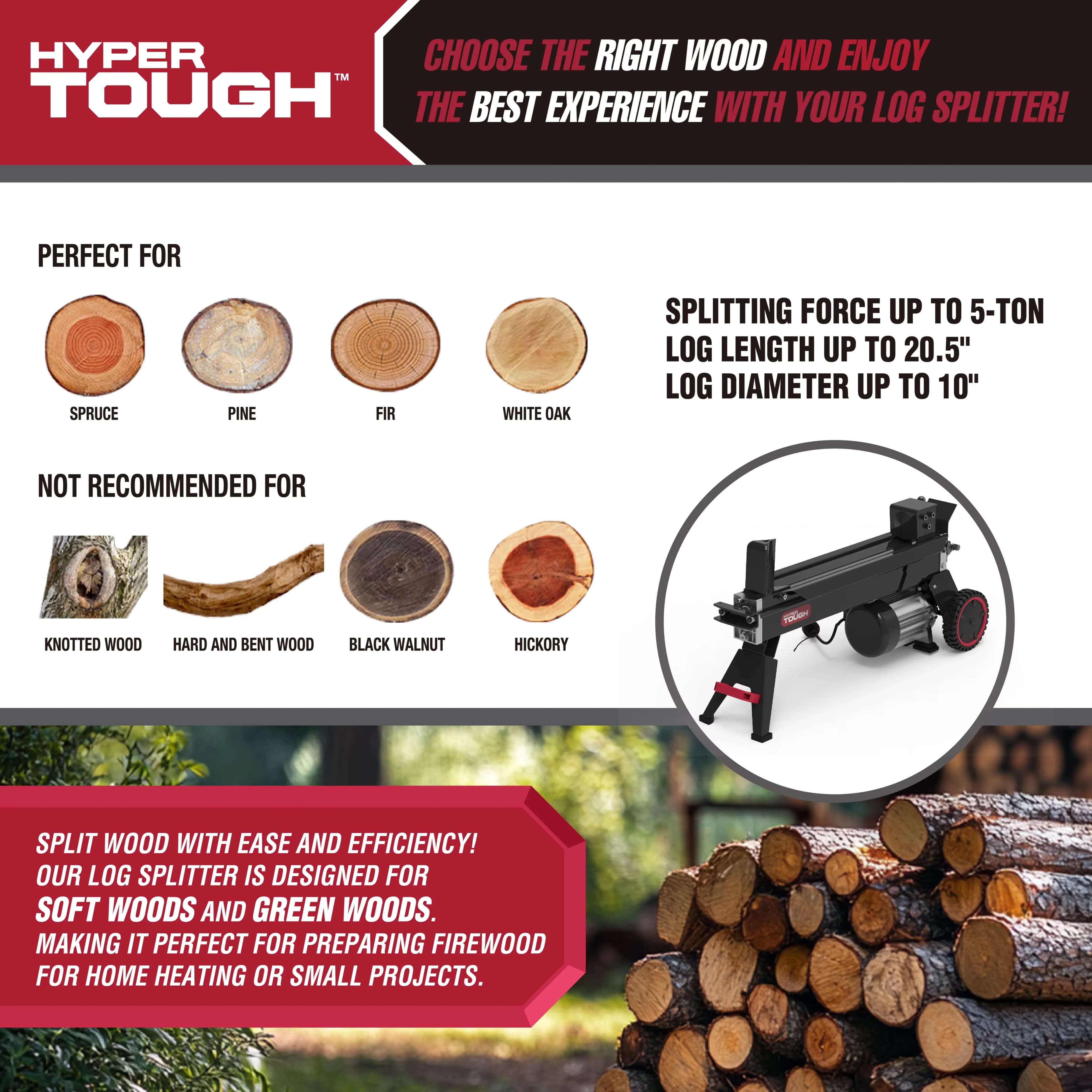 Quality Logsplitter with Wheeled, 5 Ton Log Splitter, Horizontal Use - 15 Model 12C146