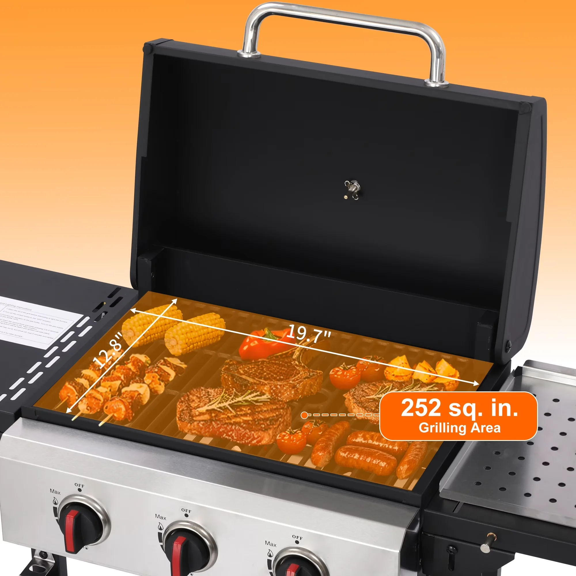 Gas Grill Efficient with 30000 BTU, Rust Resistant, Grease Pan - Metal, Cast Iron, Stainless Steel Silver Model A50415