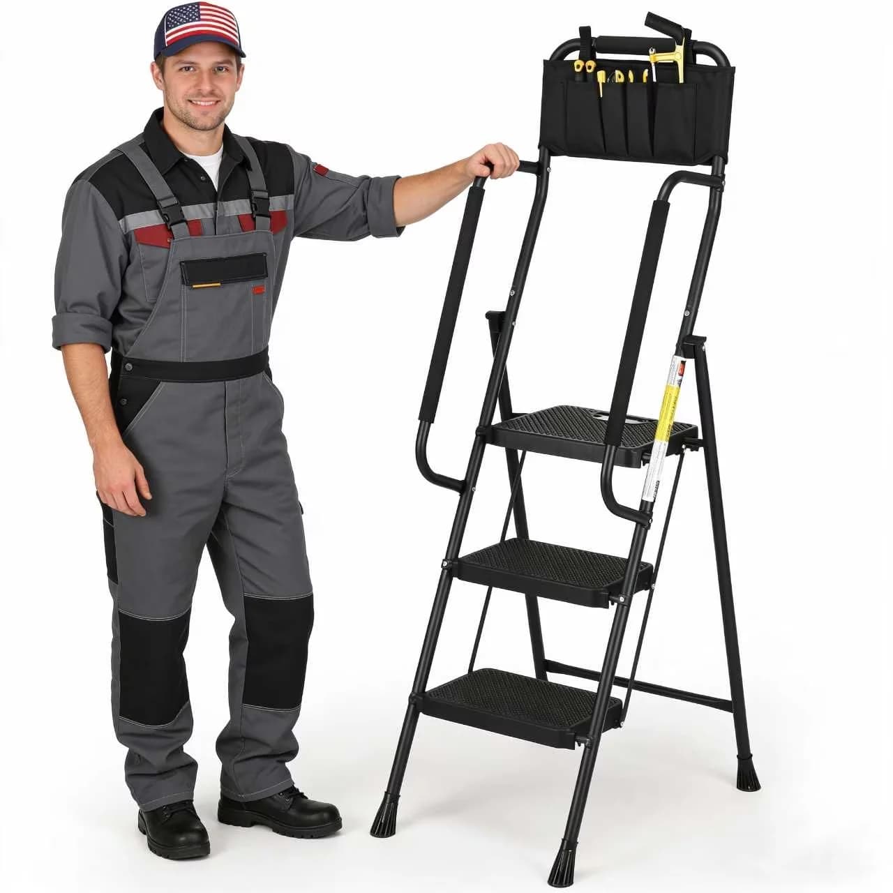Building Material Premium with Stable Steel Step Stool, Folding 3 Step Ladder, Dual Handrails - Black Metal Model 164A6A