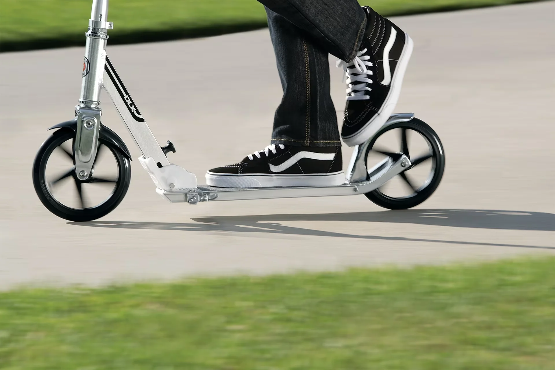 Sleek Scooter with Foldable, Portable - Silver Aluminum, Urethane, Rubber, Steel, Plastic Model 53A84B