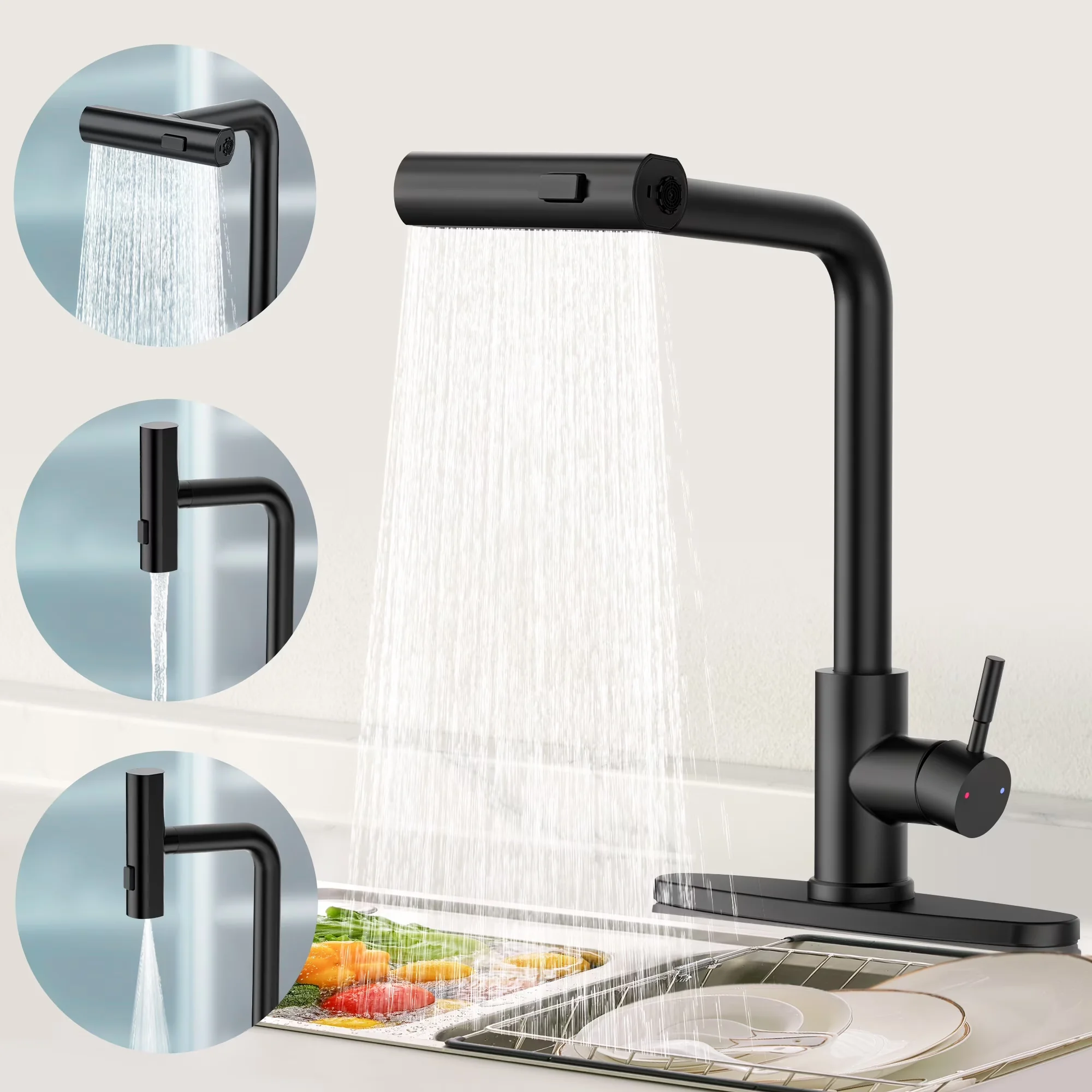 Modern Plumbing with 360 Degree Rotation, Waterfall Kitchen Sink Faucet - Black Stainless Steel Model C68E0D