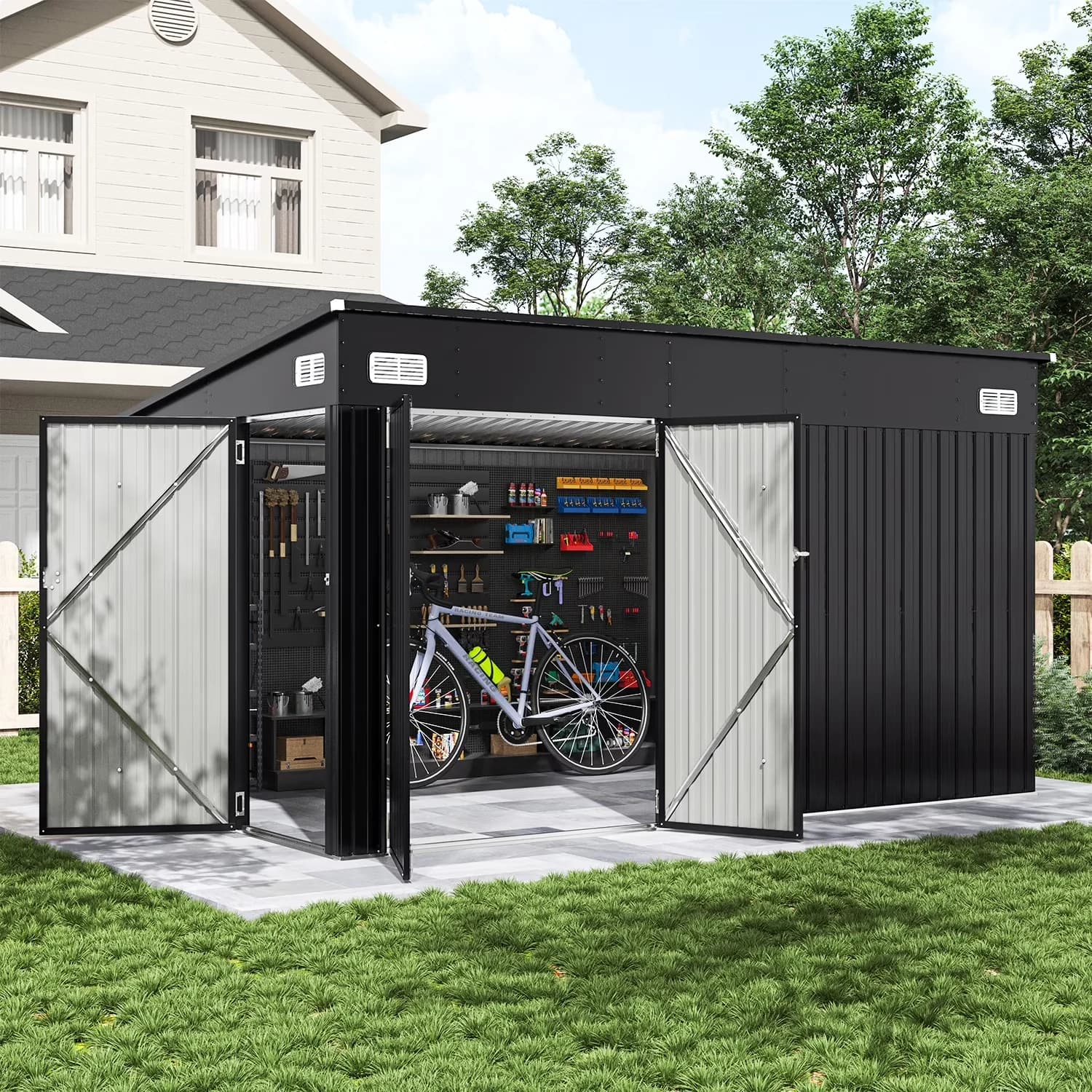 Premium Shed with Rust Resistant, Lockable Door, Outdoor Lockable - Metal Black for Garden, Patio Model 2516E5