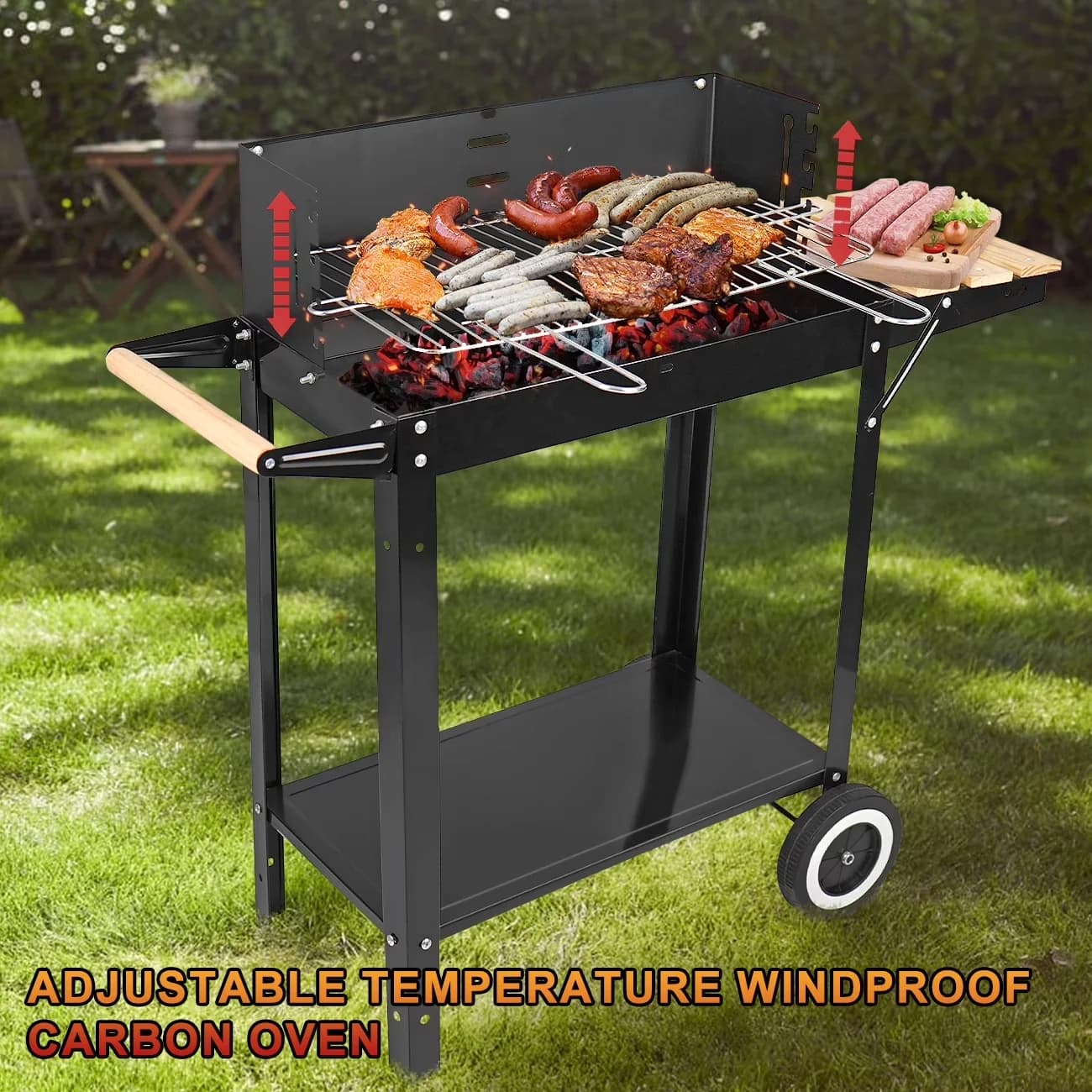 Modern Charcoal Grill with Portable, Heavy-Duty Roller Cart & Handles, Stainless Steel - Black Stainless Steel for Outdoor, Patio Model B0F481
