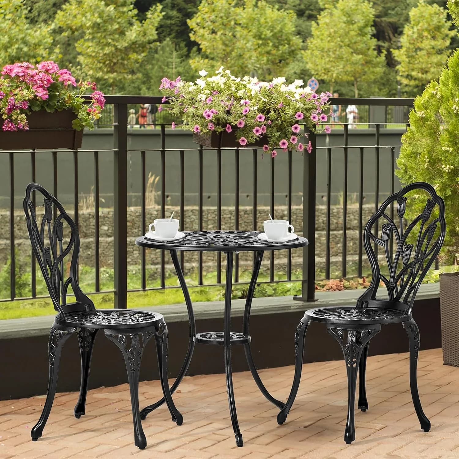 Classic Patio Dining Set with Weather-Resistant, Tulip Design and Umbrella Hole - Cast Aluminum Black Model 5A5007