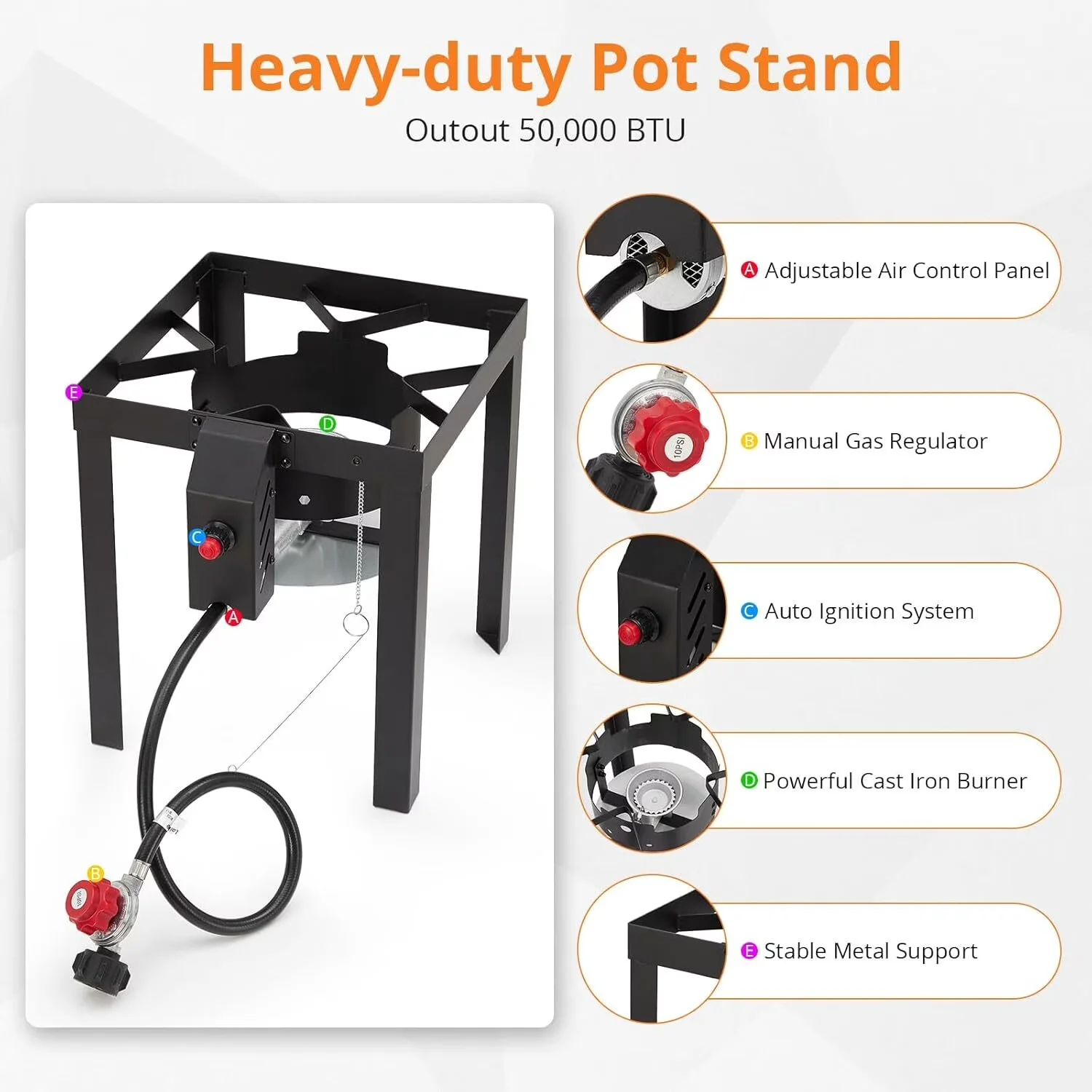 Outdoor Fryer Durable with 50000 BTU, Turkey Set, Thermometer - Iron & Aluminum Silver for Camping, Outdoor Model E0145D