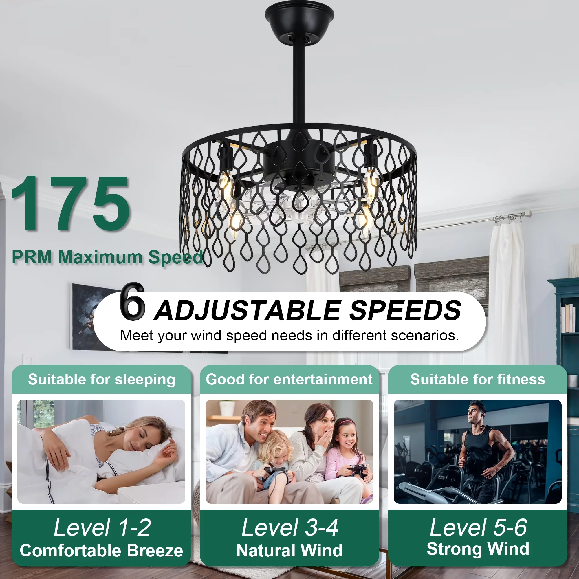 Ceiling Fan Premium with Remote Controlled, Space-Saving, Industrial - Black Metal Model BF5E32